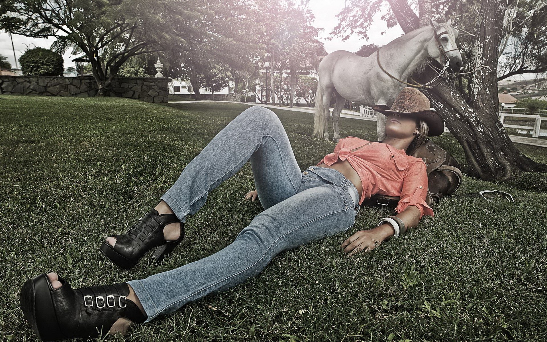 People 1920x1200 women model cowboy hats legs women outdoors horse lying down grass heels high heels