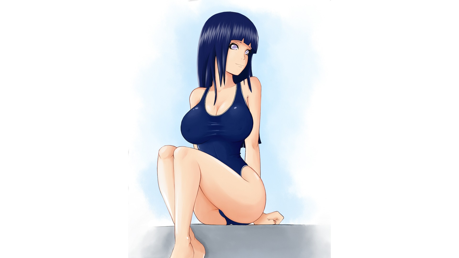 Anime 1920x1080 Hyuuga Hinata Naruto Shippuden blue swimsuit school swimsuits big boobs boobs huge breasts sitting knees together dark hair looking away white background simple background anime women anime girls curvy thighs