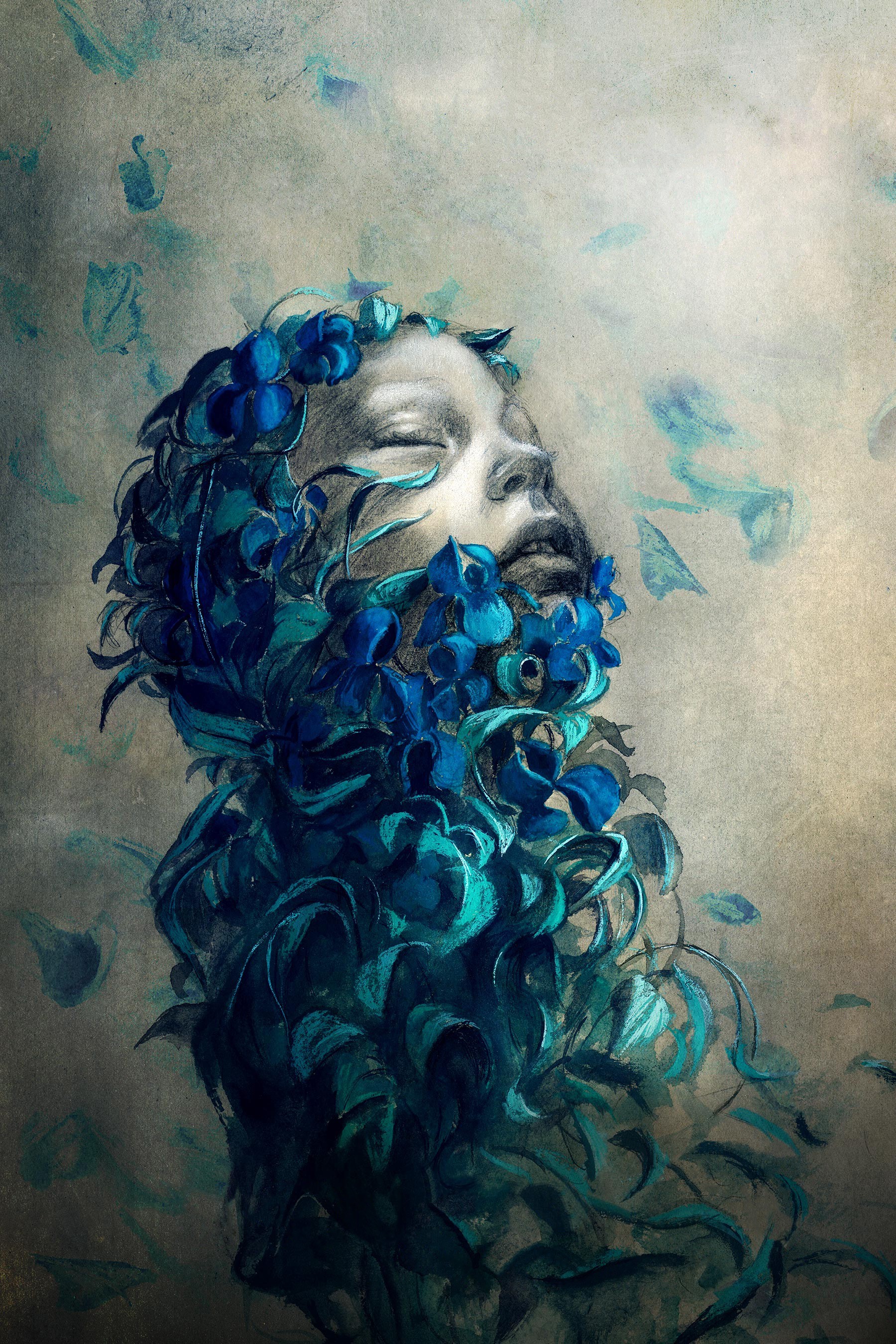 General 1800x2700 digital art abstract simple background face closed eyes flowers petals drawing portrait display blue