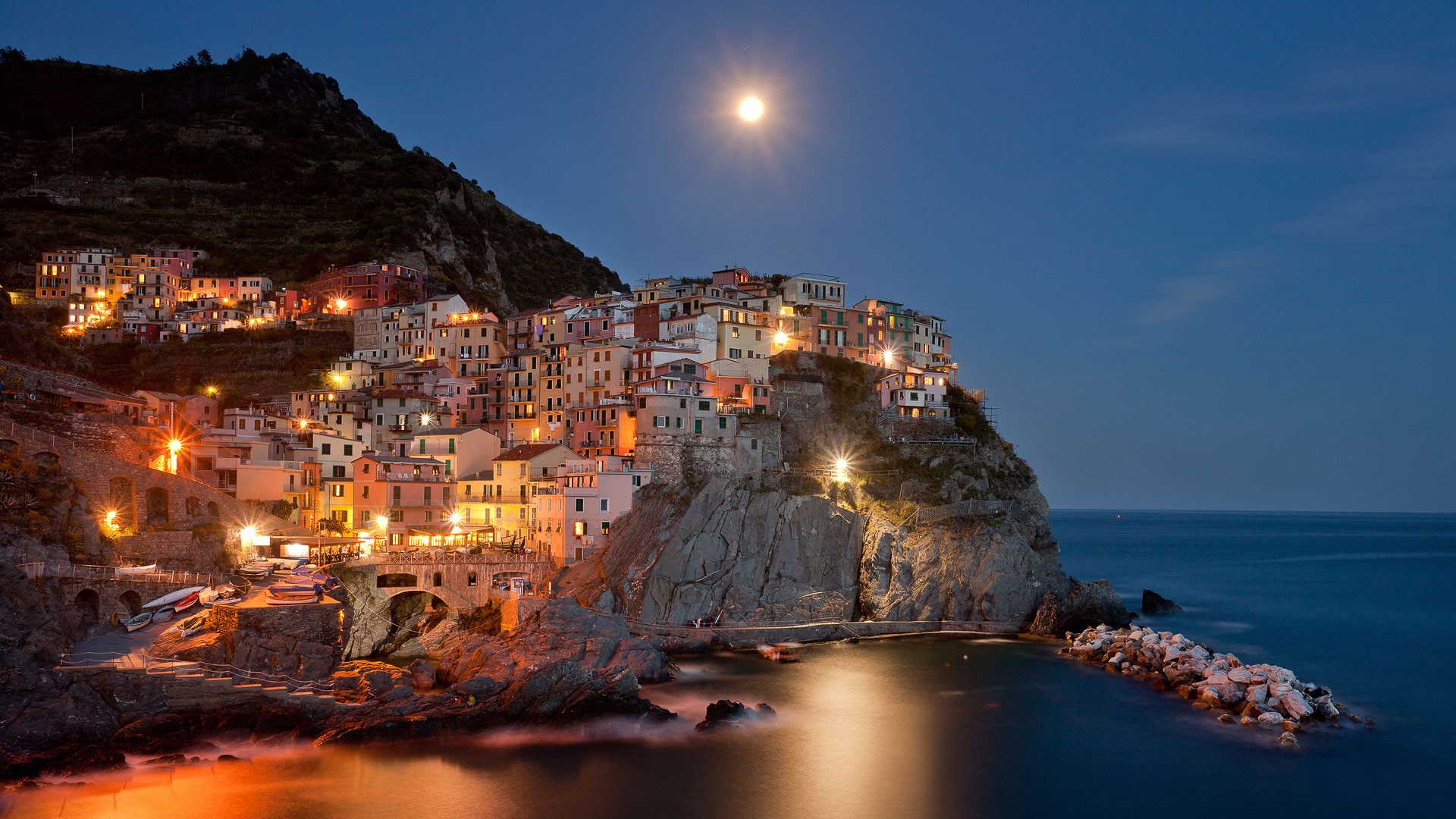 General 1920x1080 photography town Italy lights Manarola Cinque Terre low light