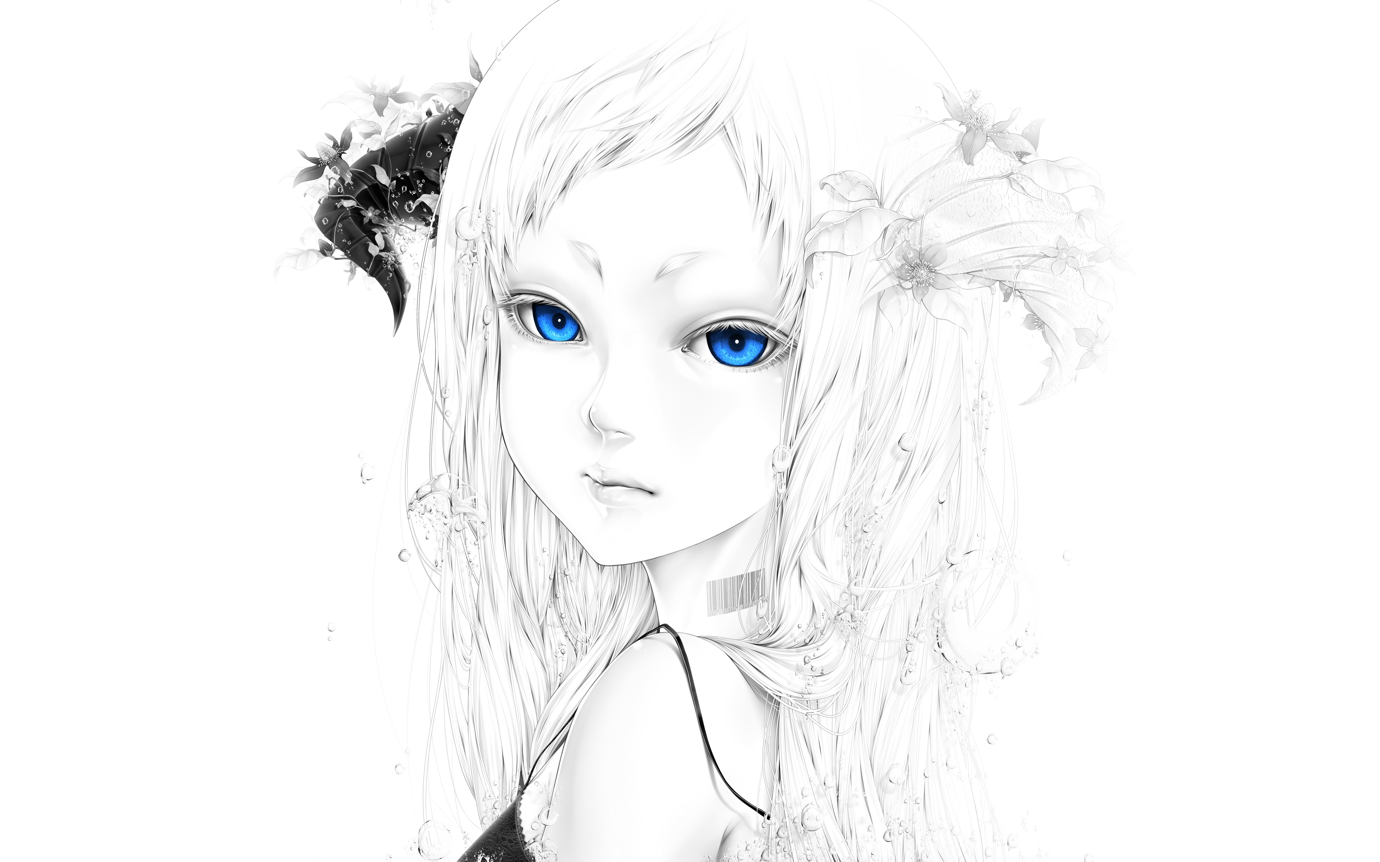 Anime 4522x2826 blue eyes flowers water horns simple background anime anime girls fantasy art fantasy girl face portrait children white background