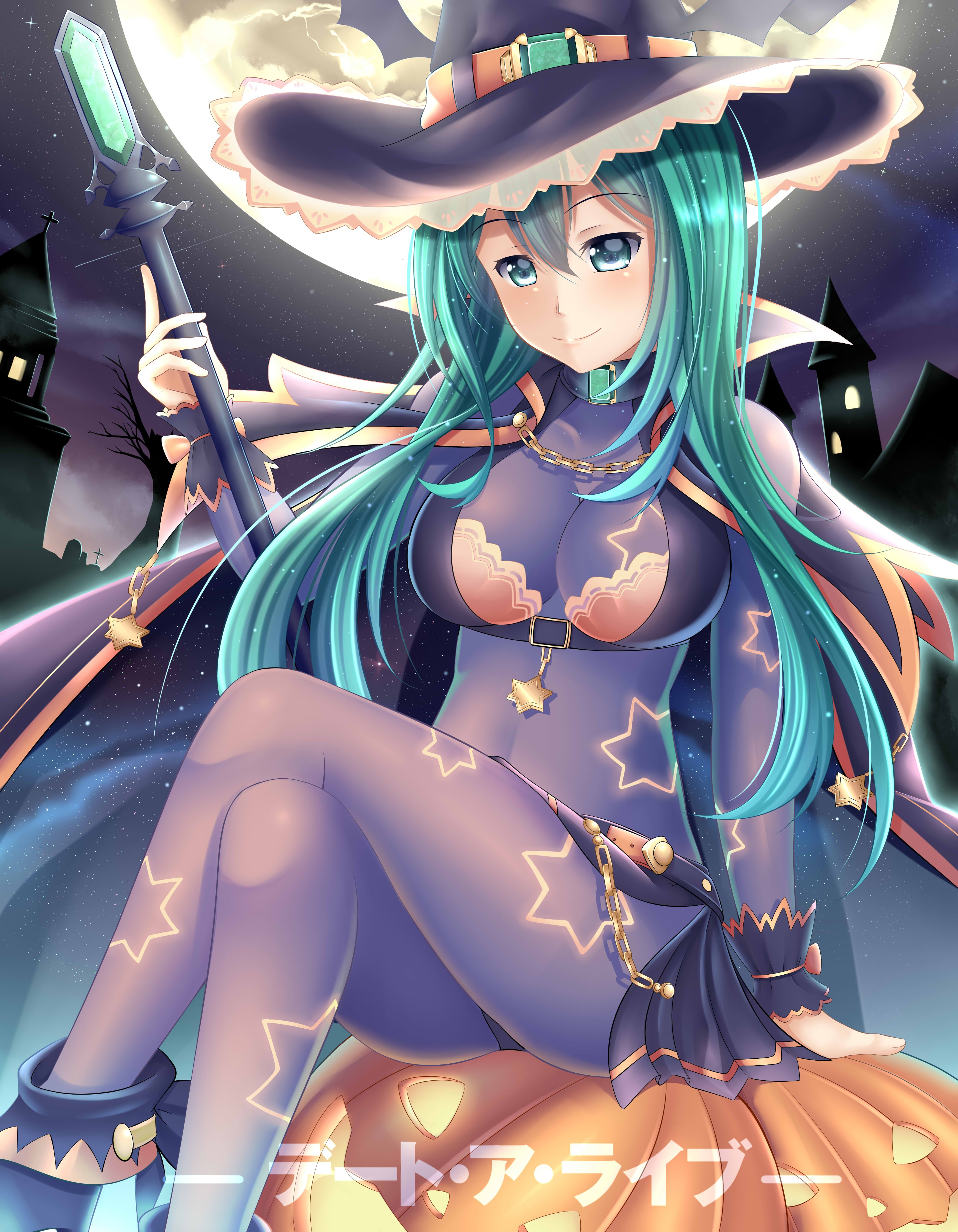 Anime 3500x4500 anime anime girls long hair Date A Live cyan hair green eyes elves Moon night witch hat witch pumpkin Natsumi (Date A Live)