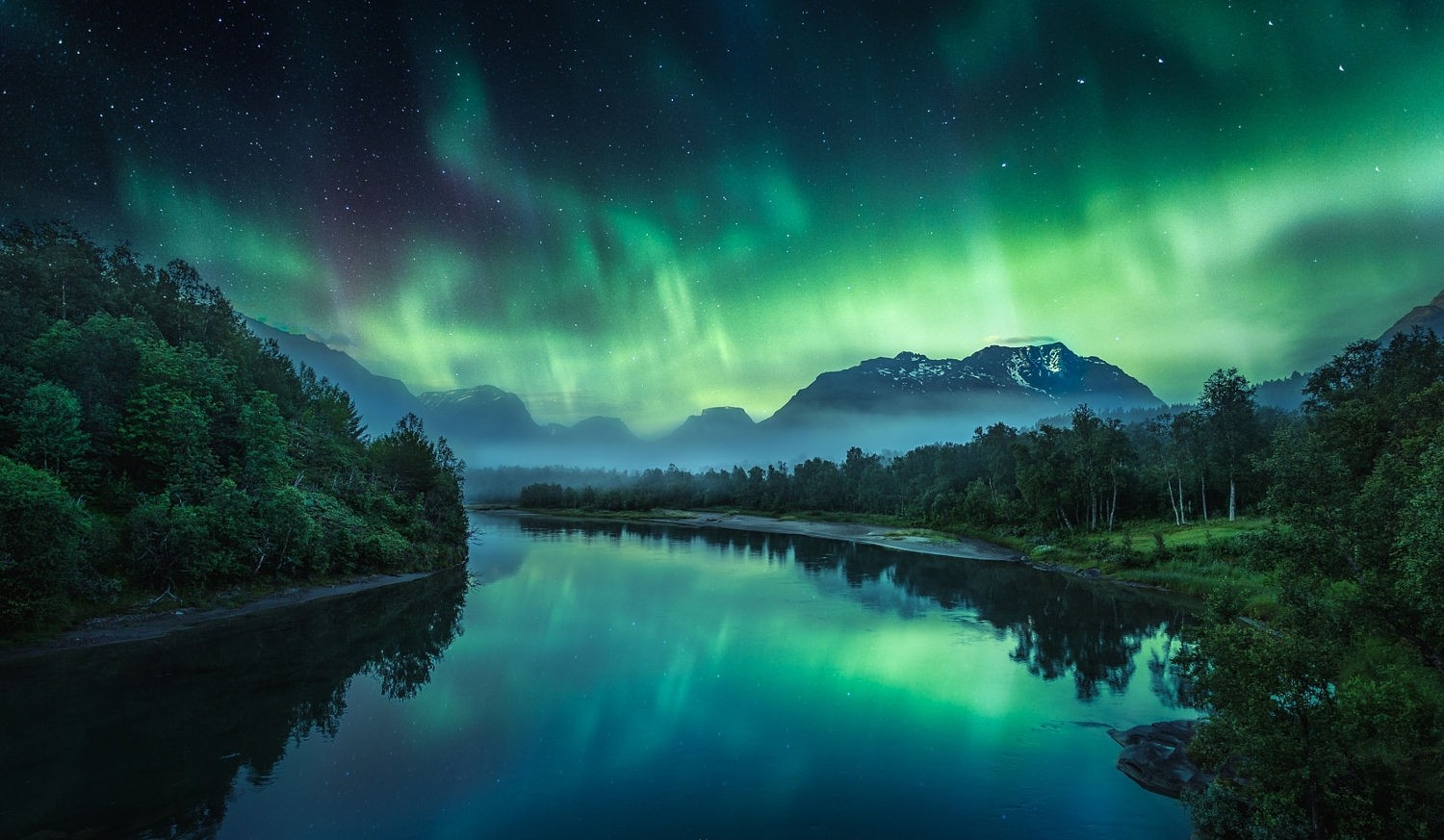 General 1500x873 photography nature landscape river aurorae mountains starry night mist trees