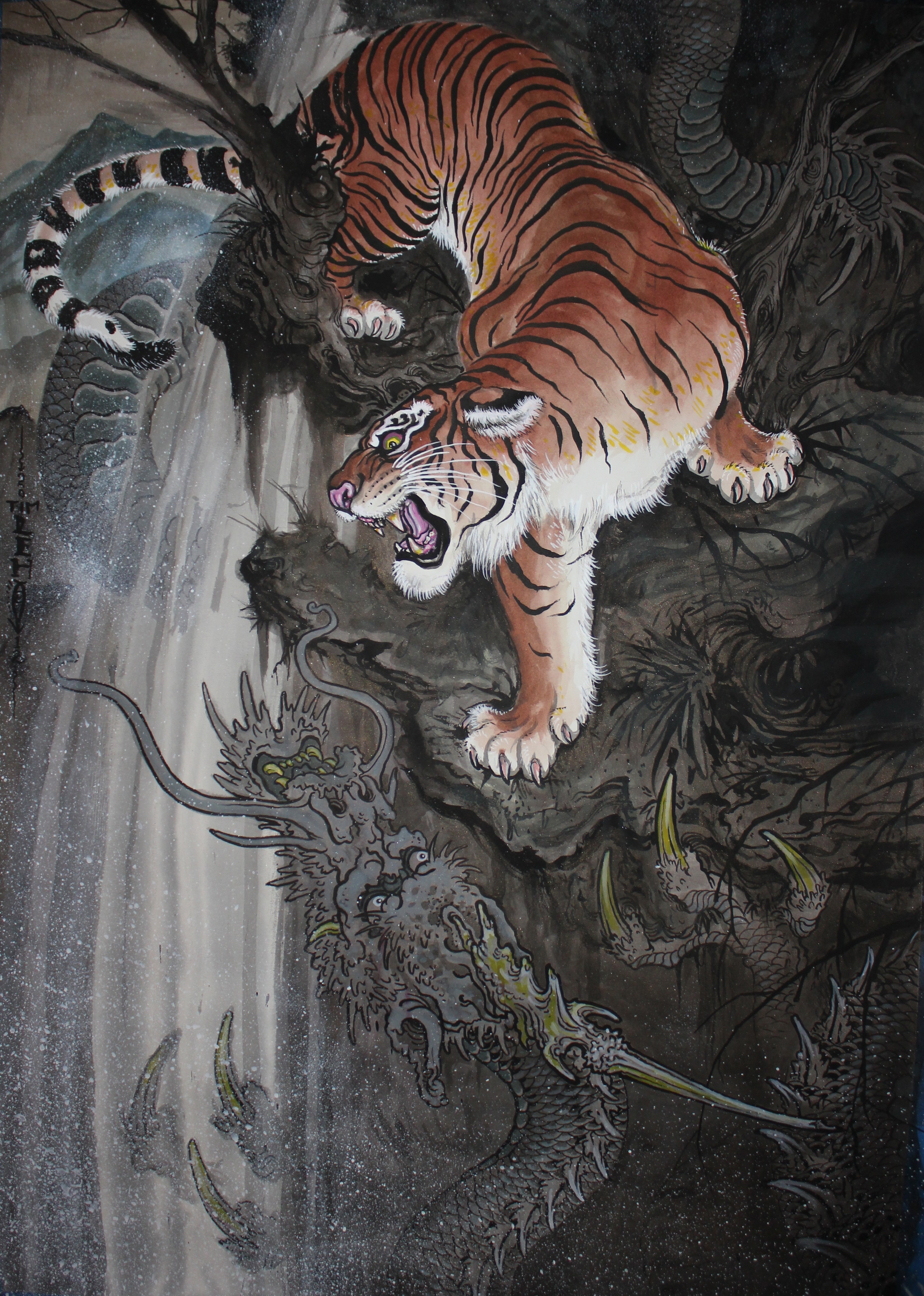 General 3102x4352 tiger traditional art mountains dragon Chinese dragon waterfall