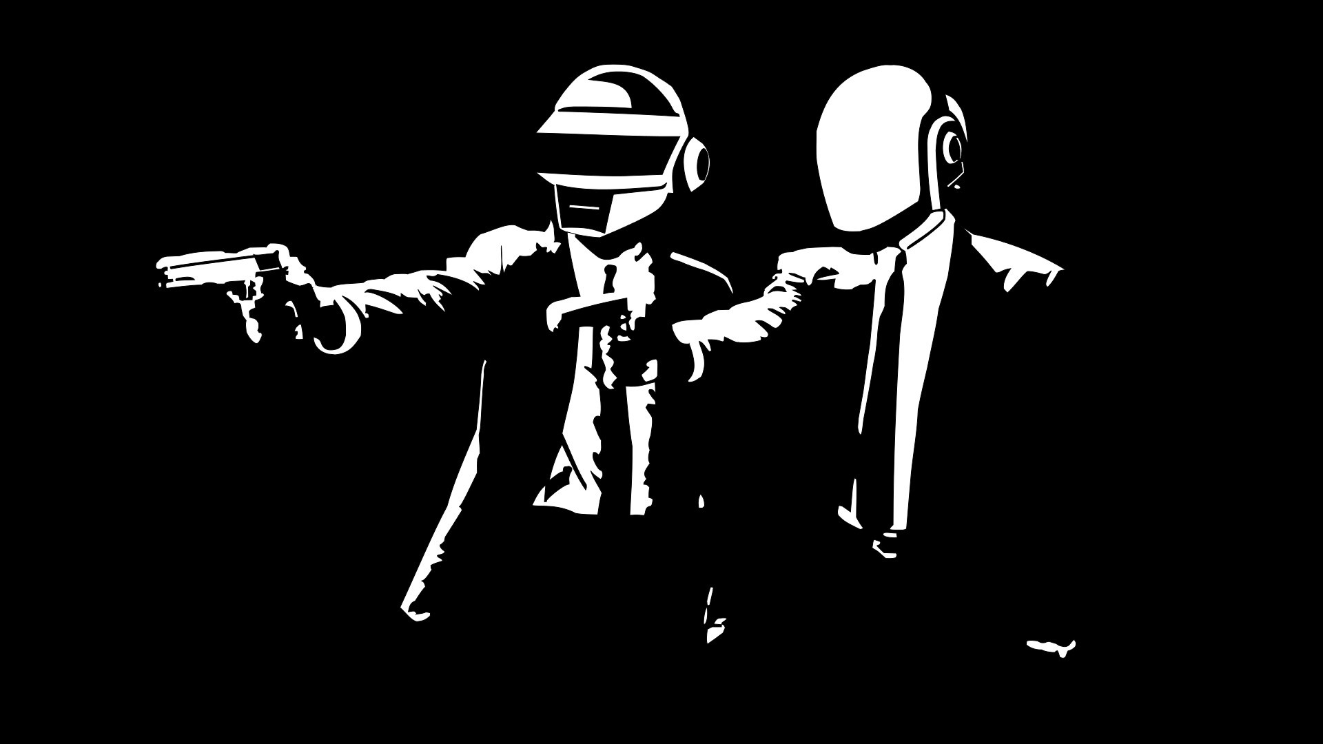 General 1920x1080 music Daft Punk monochrome Pulp Fiction parody gun electronic music weapon simple background black background crossover aiming movies musician