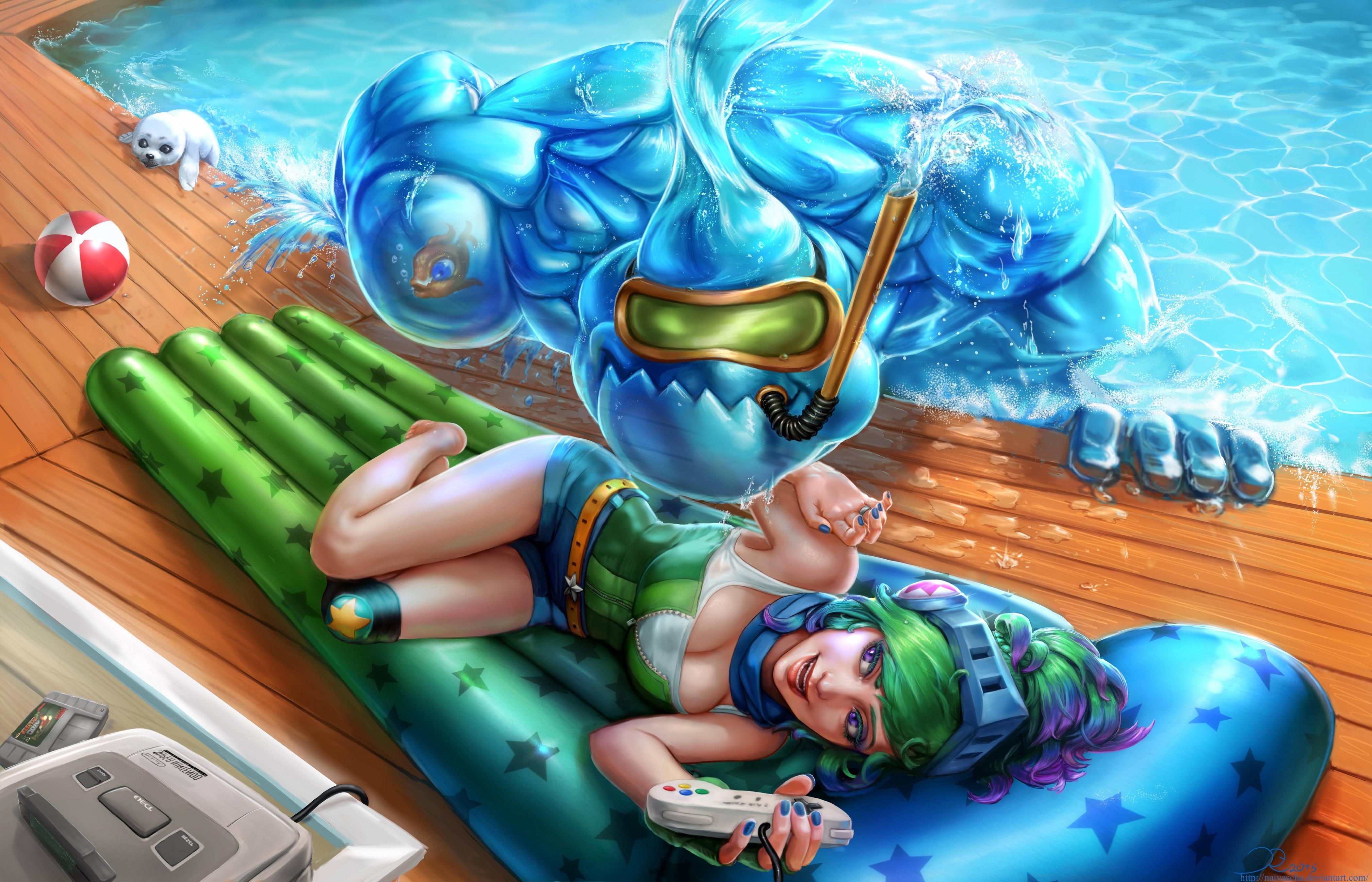 People 4200x2700 Zac (League of Legends) Riven (League of Legends) League of Legends boobs women green hair Nintendo seals fish water headphones ball scarf legs controllers cyan video game girls video game characters PC gaming painted nails blue nails Super Famicom legs together lying down smiling pants air mattress DeviantArt fan art