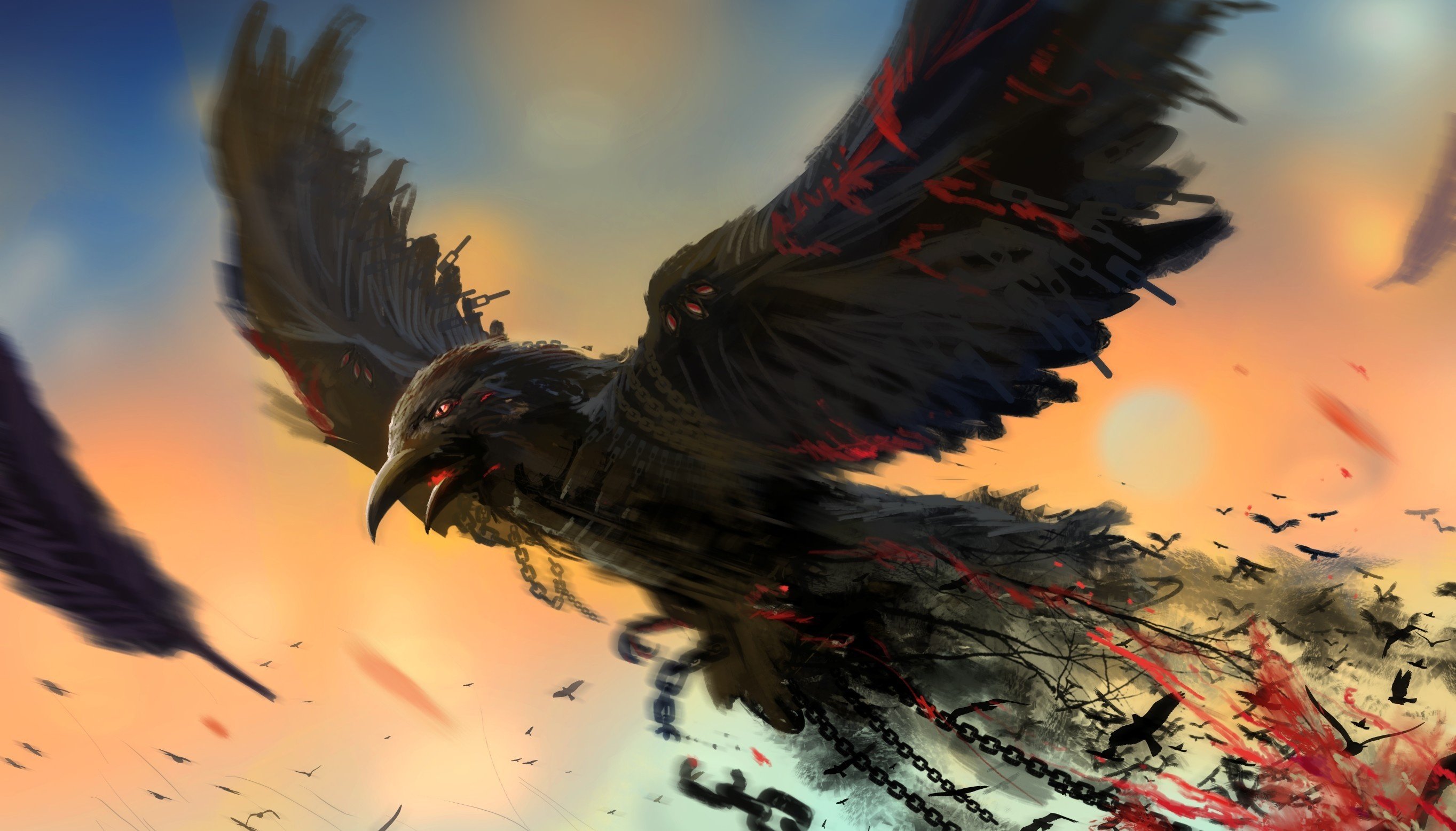 General 2727x1556 birds chains blood artwork digital art animals flying beak feathers wings