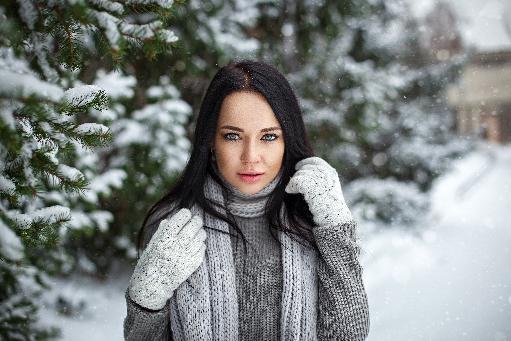 People 2048x1365 Angelina Petrova women model gloves snow depth of field black hair sweater women outdoors portrait Ukrainian Ukrainian women winter