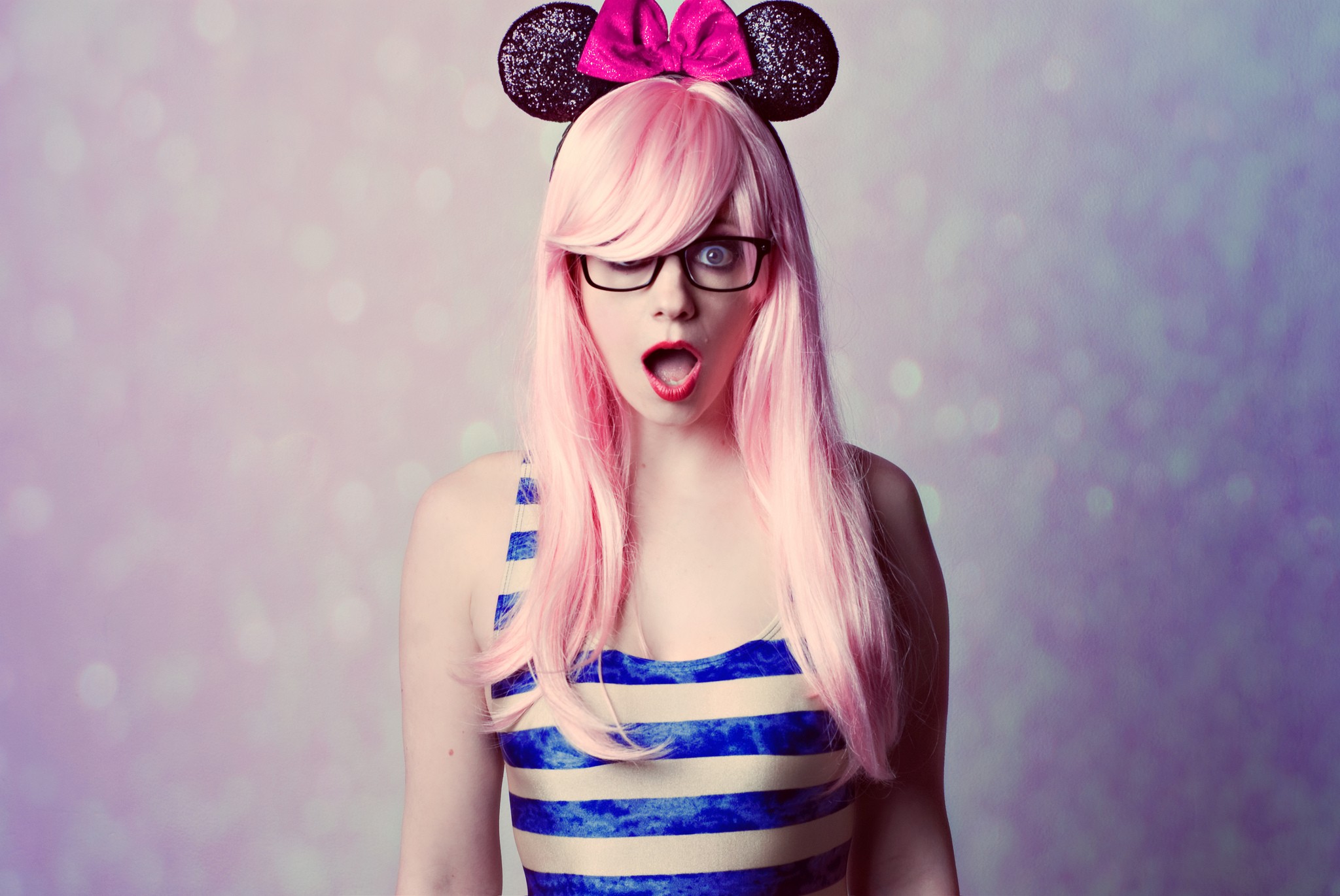 People 2048x1371 women pink hair headband Mickey Mouse women with glasses open mouth red lipstick hair bows