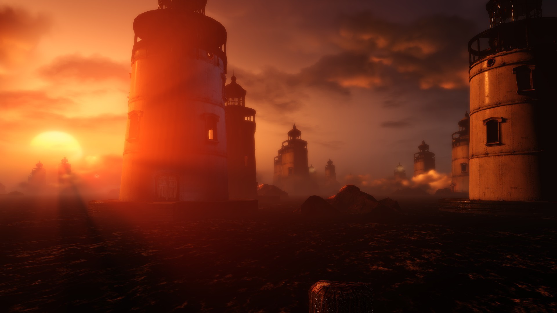 General 1920x1080 Elizabeth (BioShock) sun rays BioShock Infinite: Burial at Sea lighthouse clouds dock landscape video games