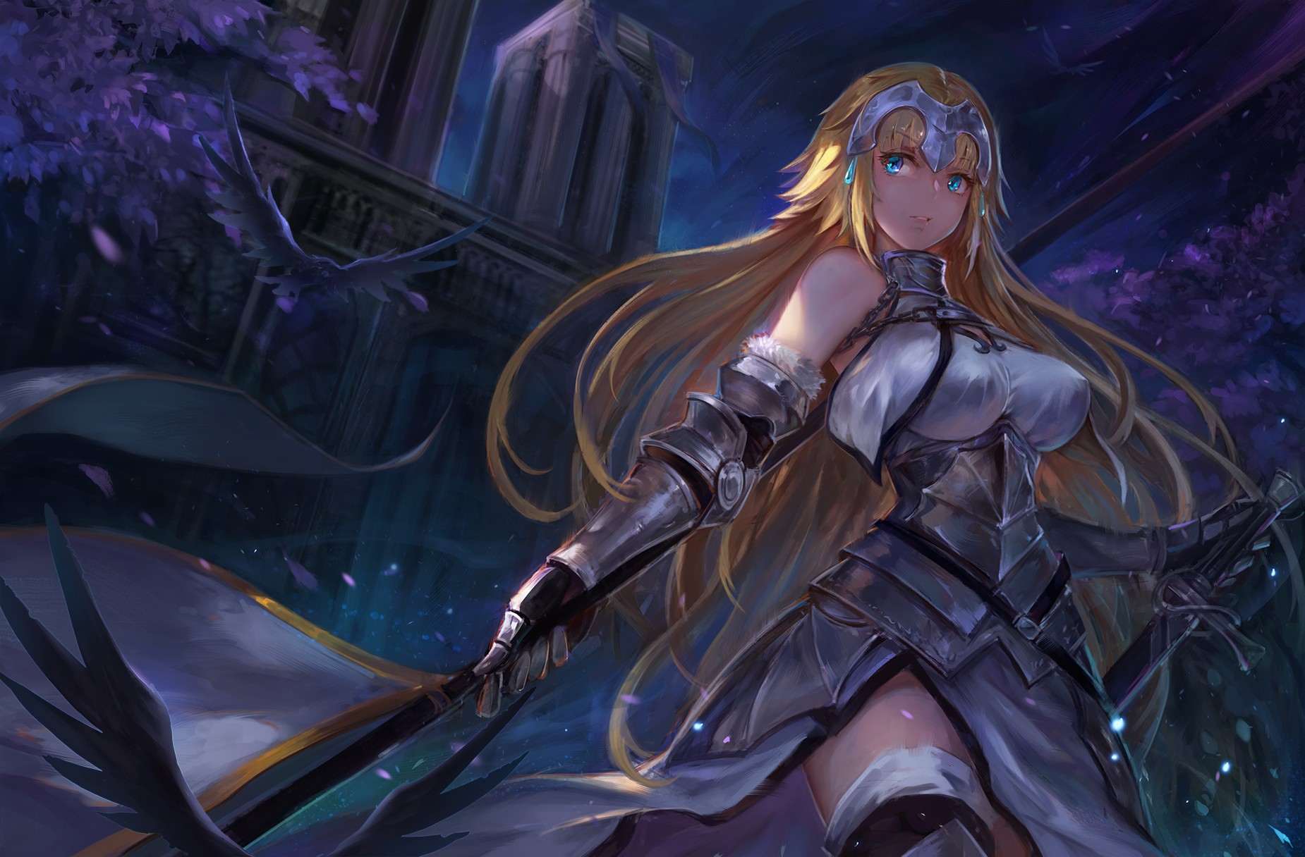 Anime 1850x1216 aqua eyes armor birds blonde building chains dark elbow gloves Fate series gloves headdress long hair petals sword weapon anime girls big boobs anime Ruler (Fate/Grand Order) figure-hugging armor low-angle bare shoulders