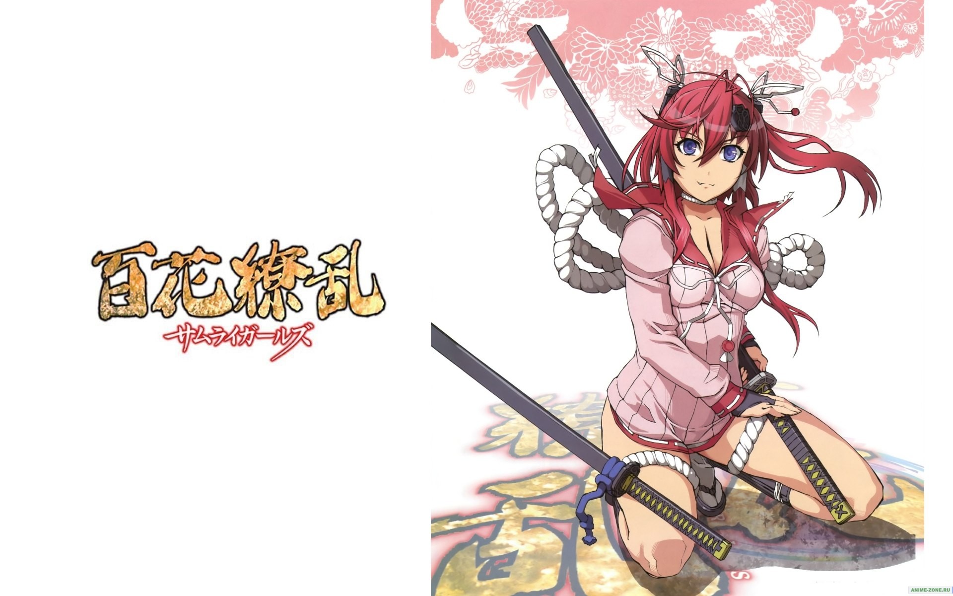 Anime 1920x1200 Hyakka Ryouran Samurai Girls anime girls Yagyuu Juubei anime redhead purple eyes kneeling sword women with swords
