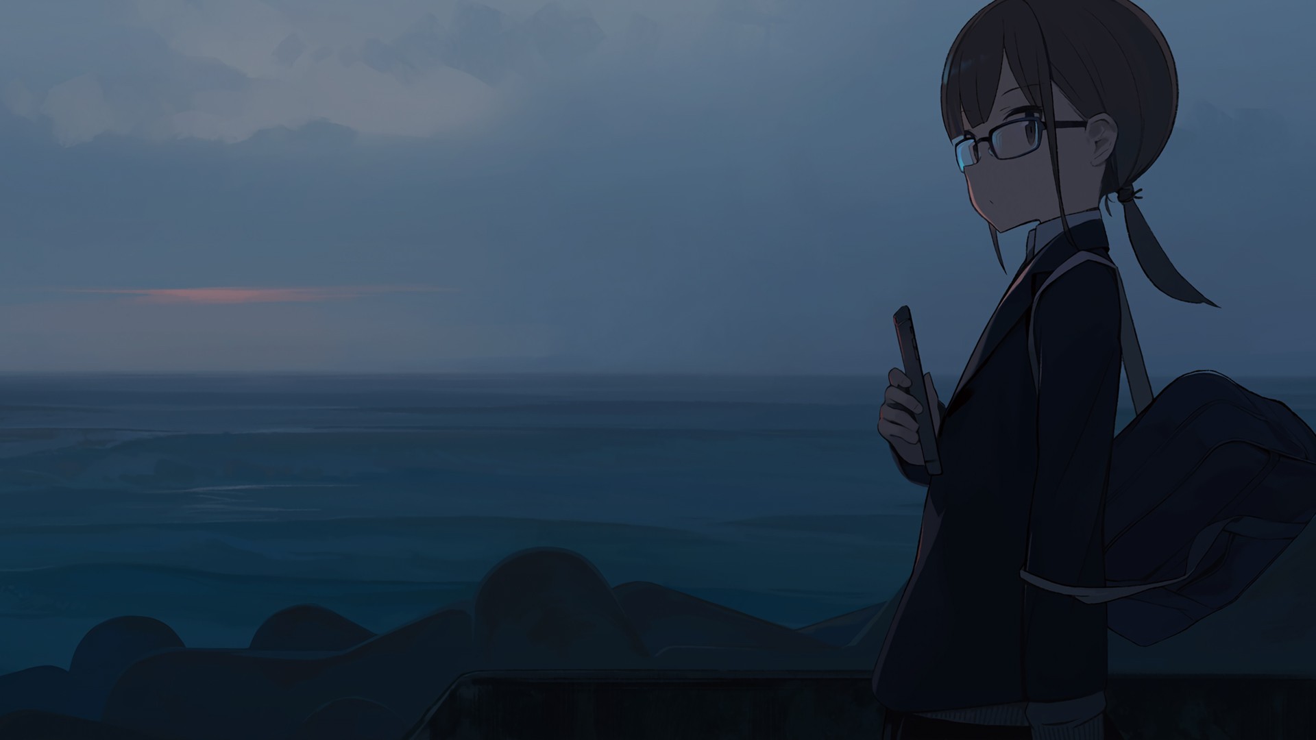 Anime 1920x1080 night sea sky glasses