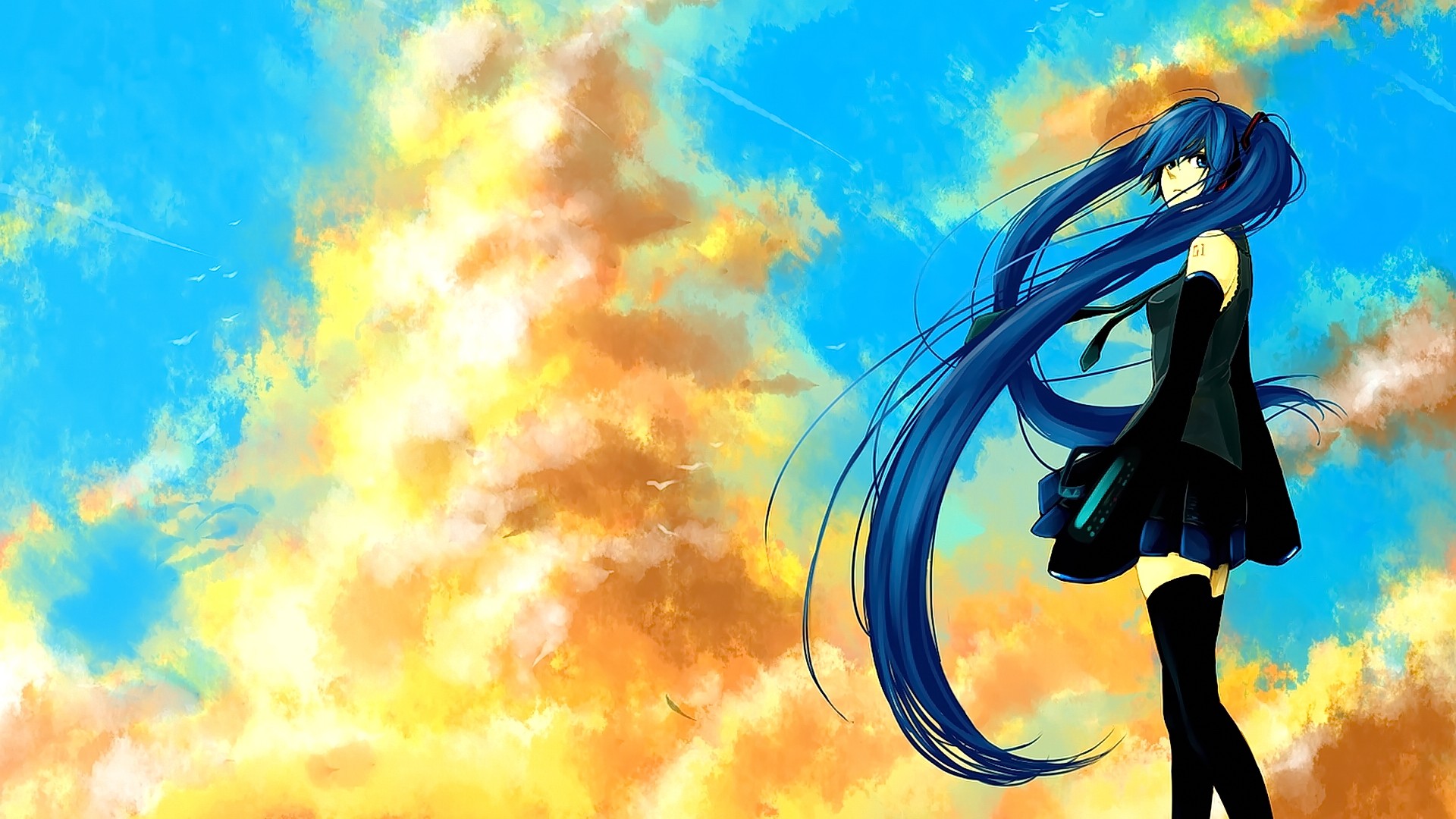 Anime 1920x1080 anime anime girls long hair blue hair blue eyes sky clouds looking away Vocaloid Hatsune Miku yellow cyan stockings black stockings tie skirt looking into the distance
