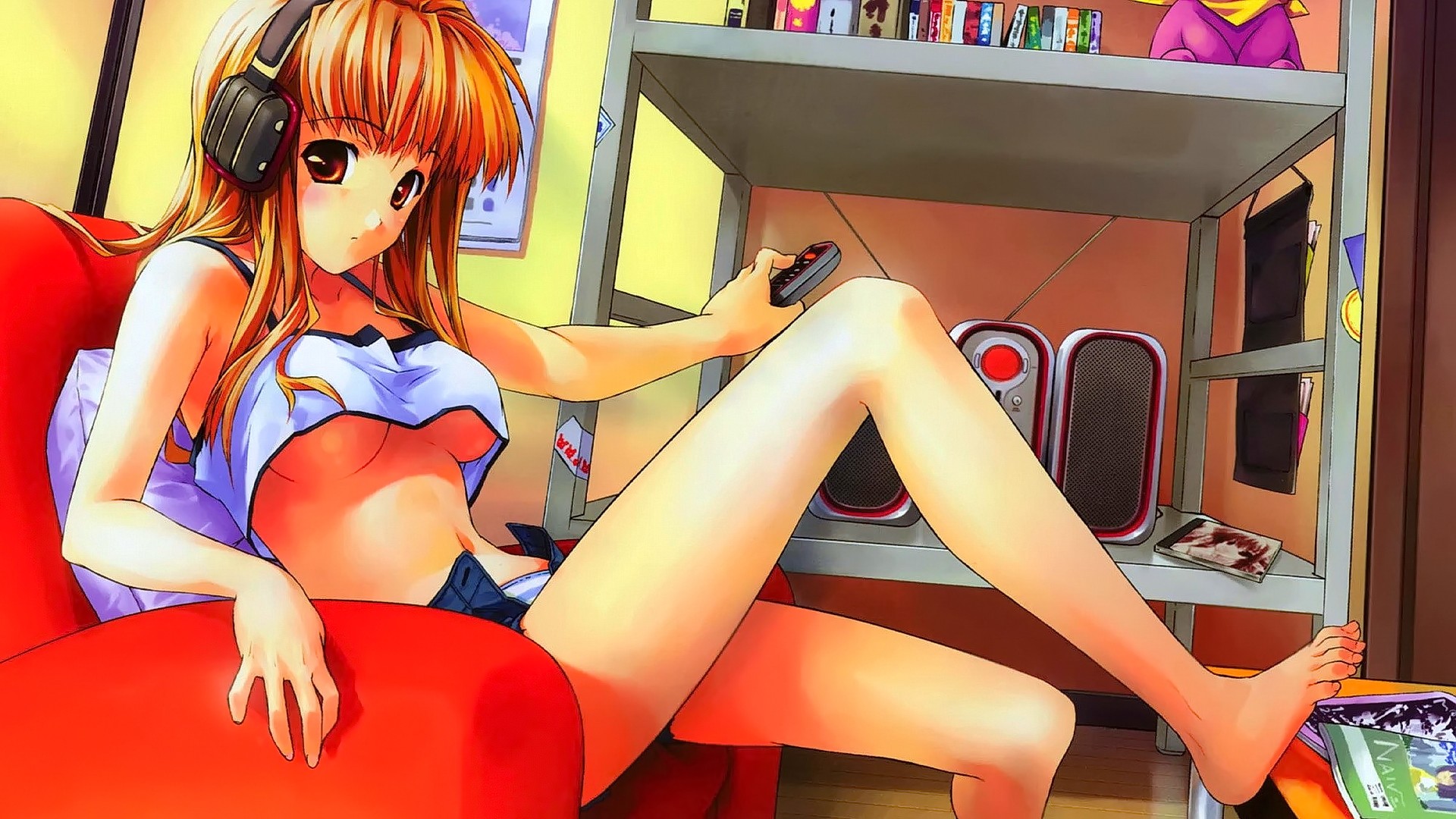 Anime 1920x1080 anime anime girls short hair brunette red eyes headsets no bra looking at viewer open shorts headphones barefoot underboob