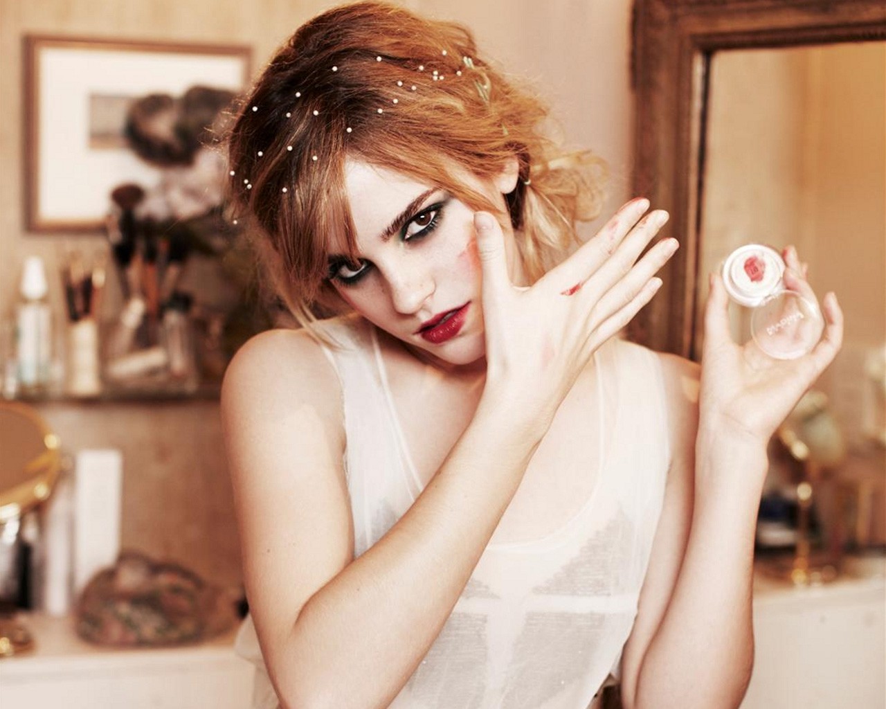 People 1280x1024 actress red lipstick makeup women face celebrity looking at viewer Emma Watson women indoors indoors eyeliner British women British
