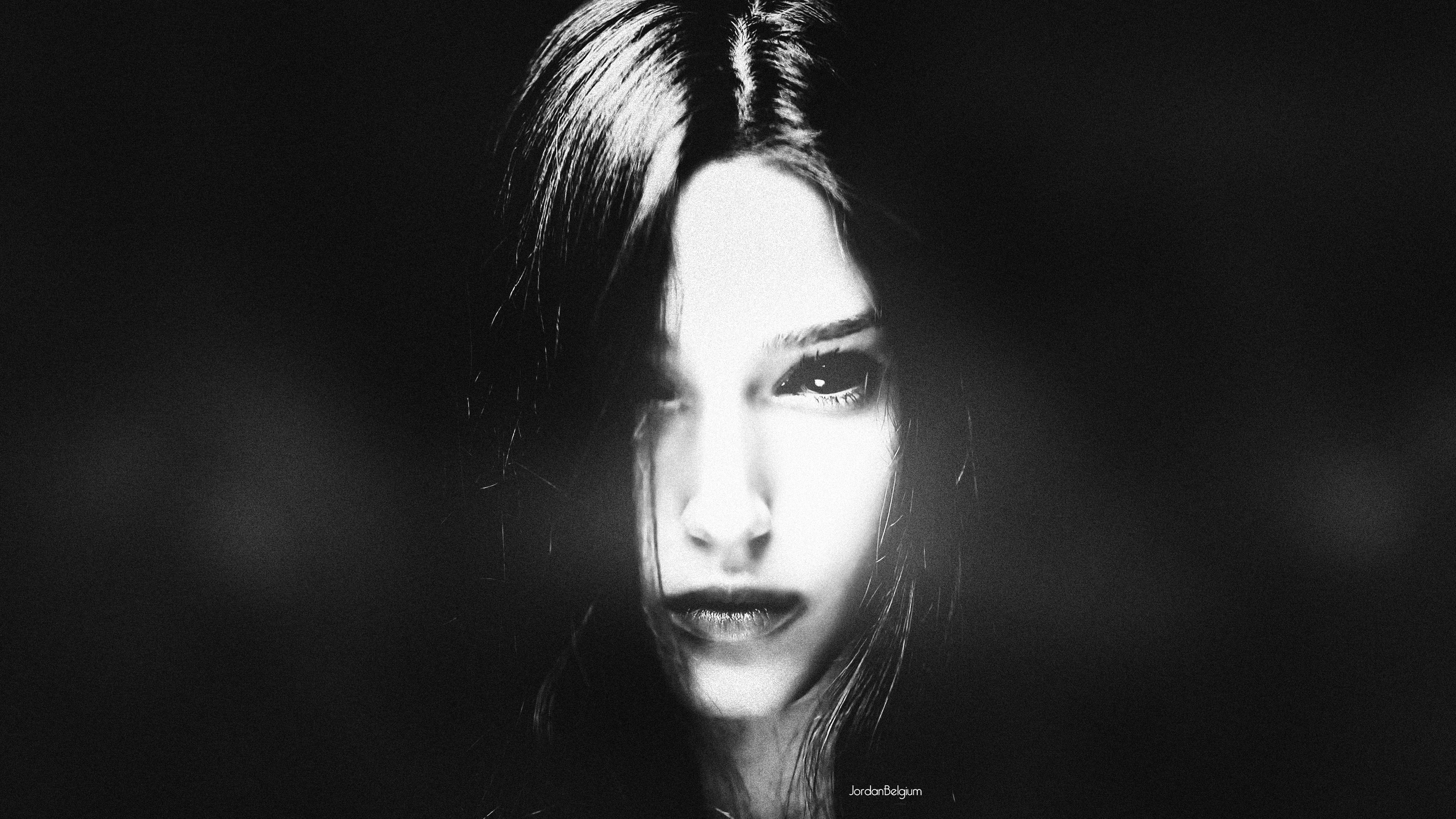 General 3840x2160 horror exorcism women photoshopped monochrome face simple background model jordan belgium dark eyes portrait