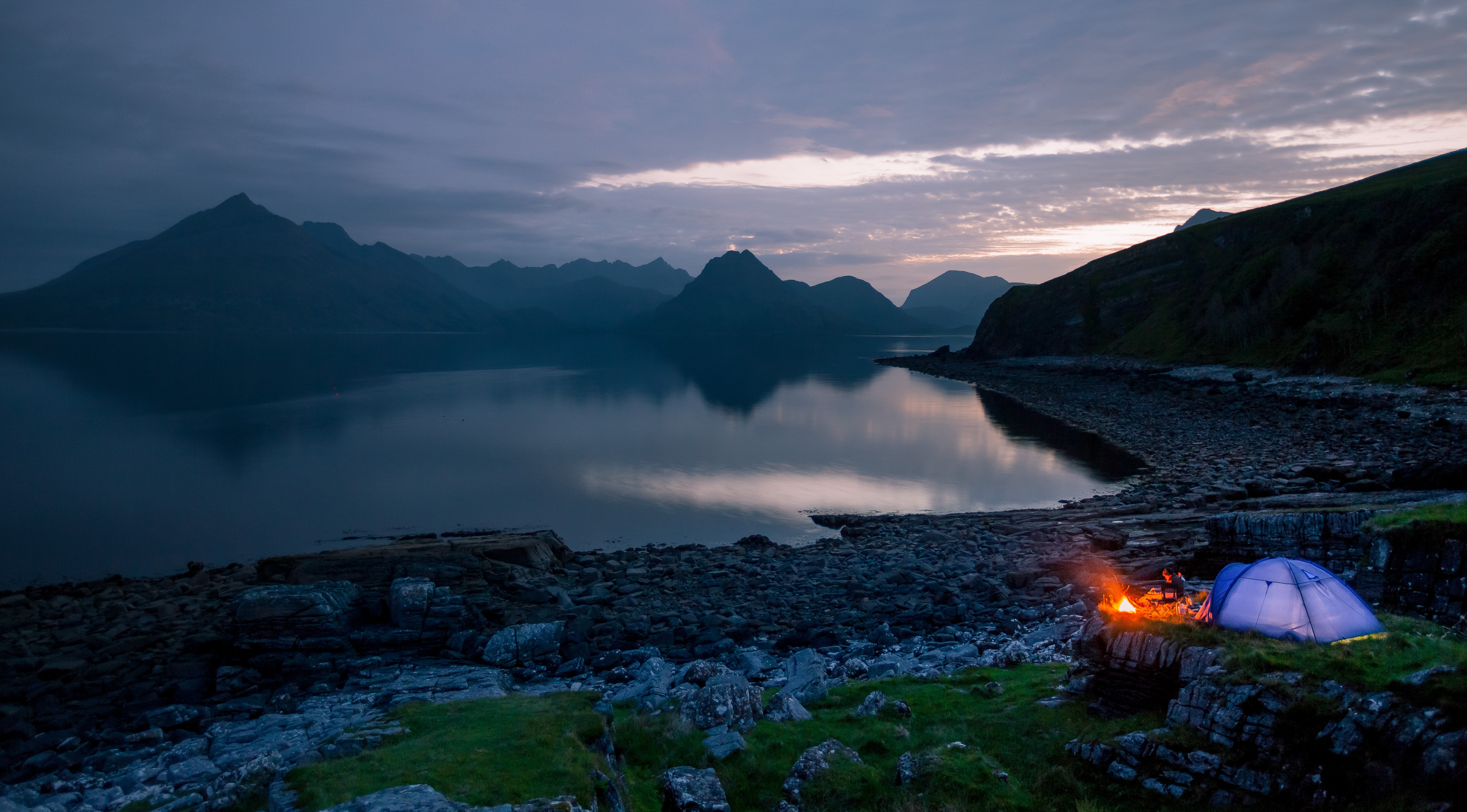 General 5309x2941 Scotland camping tent sea nature fire campfire rocks mountains sunset landscape