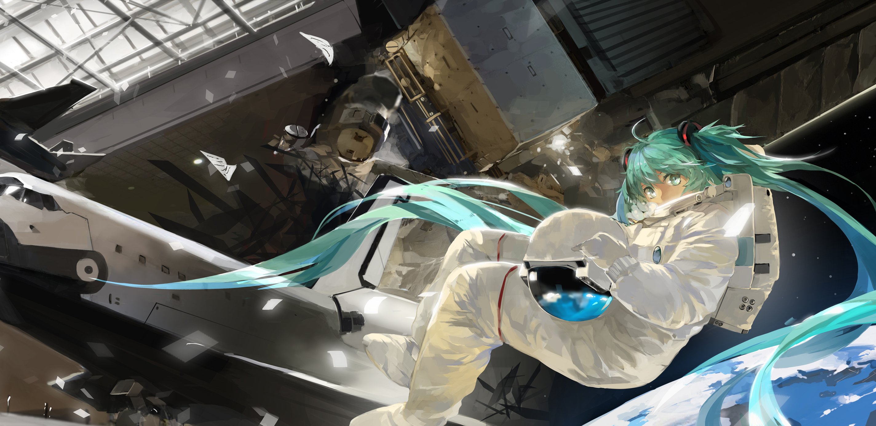Anime 2849x1387 anime astronaut space anime girls saberiii turquoise hair space shuttle vehicle looking at viewer Vocaloid Hatsune Miku