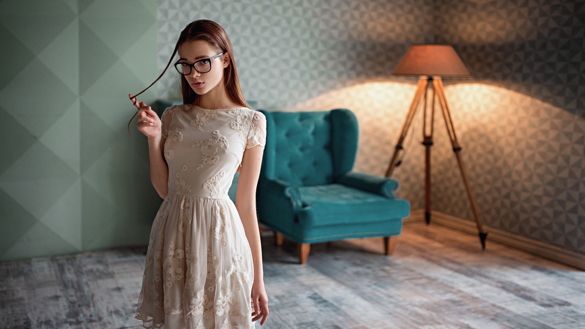 People 2048x1152 women with glasses chair lamp dress women model nipples through clothing Georgy Chernyadyev long hair looking at viewer redhead glasses women indoors Anna Dyuzhina indoors white dress white clothing