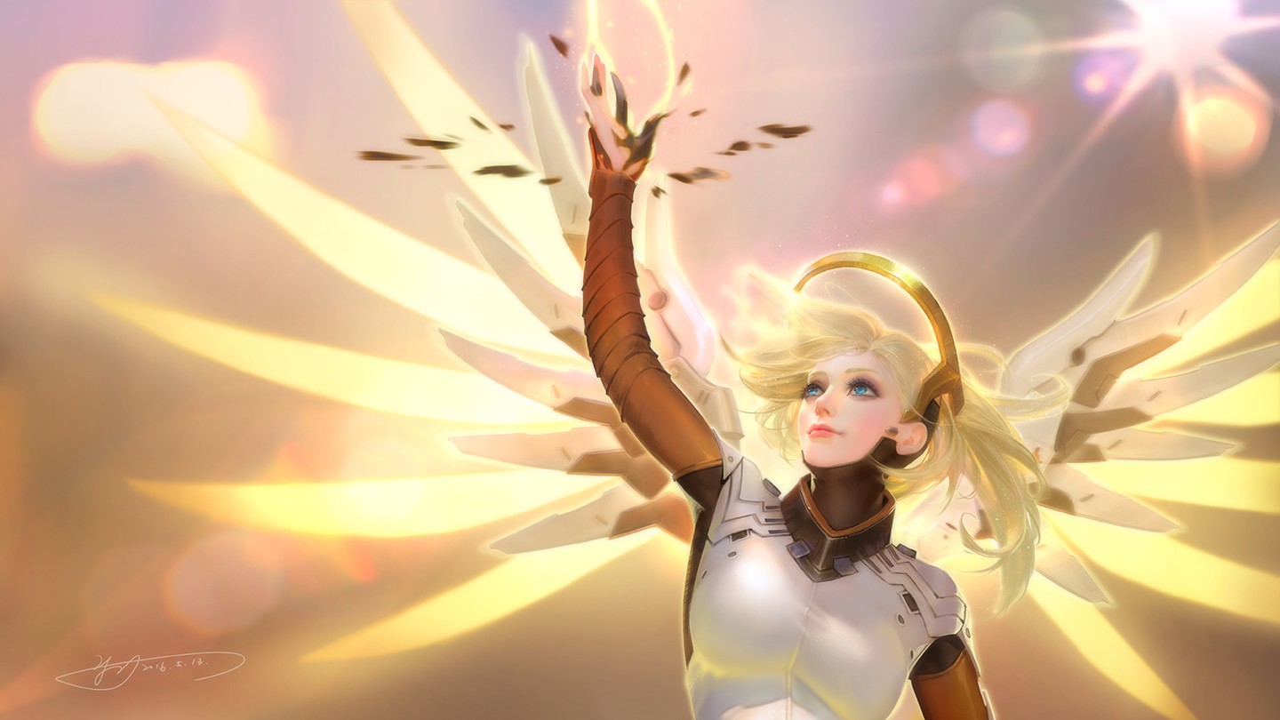 General 1440x810 Overwatch Mercy (Overwatch) blonde 2016 (year) PC gaming watermarked sky one arm up video game girls video game characters long hair blue eyes