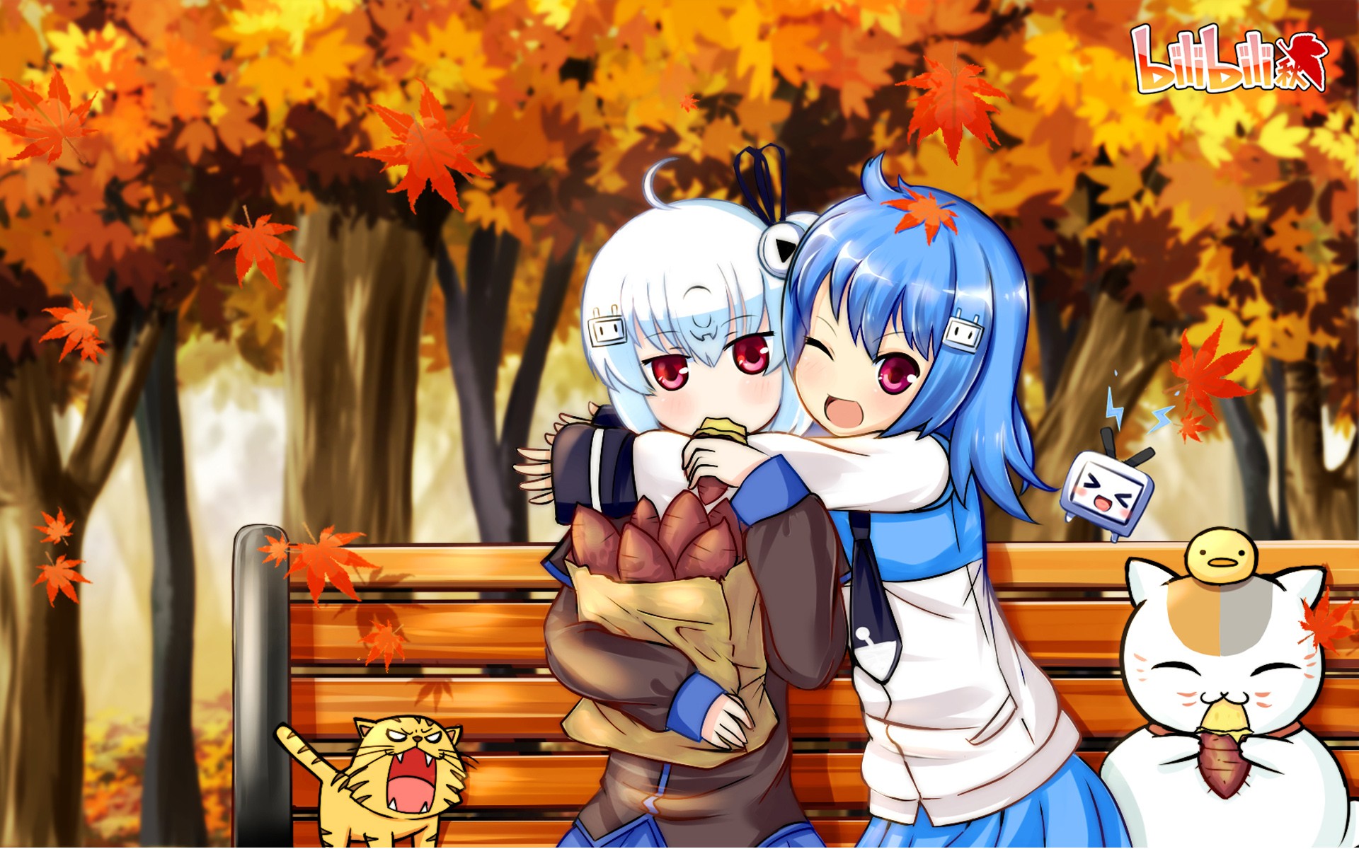 Anime 1920x1200 anime bilibili anime girls blue hair bench fall leaves red eyes anime girls eating food trees two women one eye closed open mouth cats looking at viewer