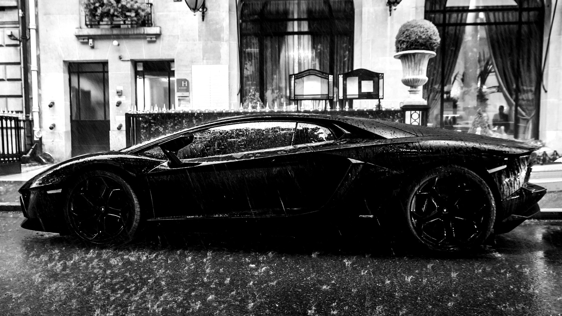 General 1920x1080 car Lamborghini Aventador rain vehicle monochrome Lamborghini italian cars Volkswagen Group