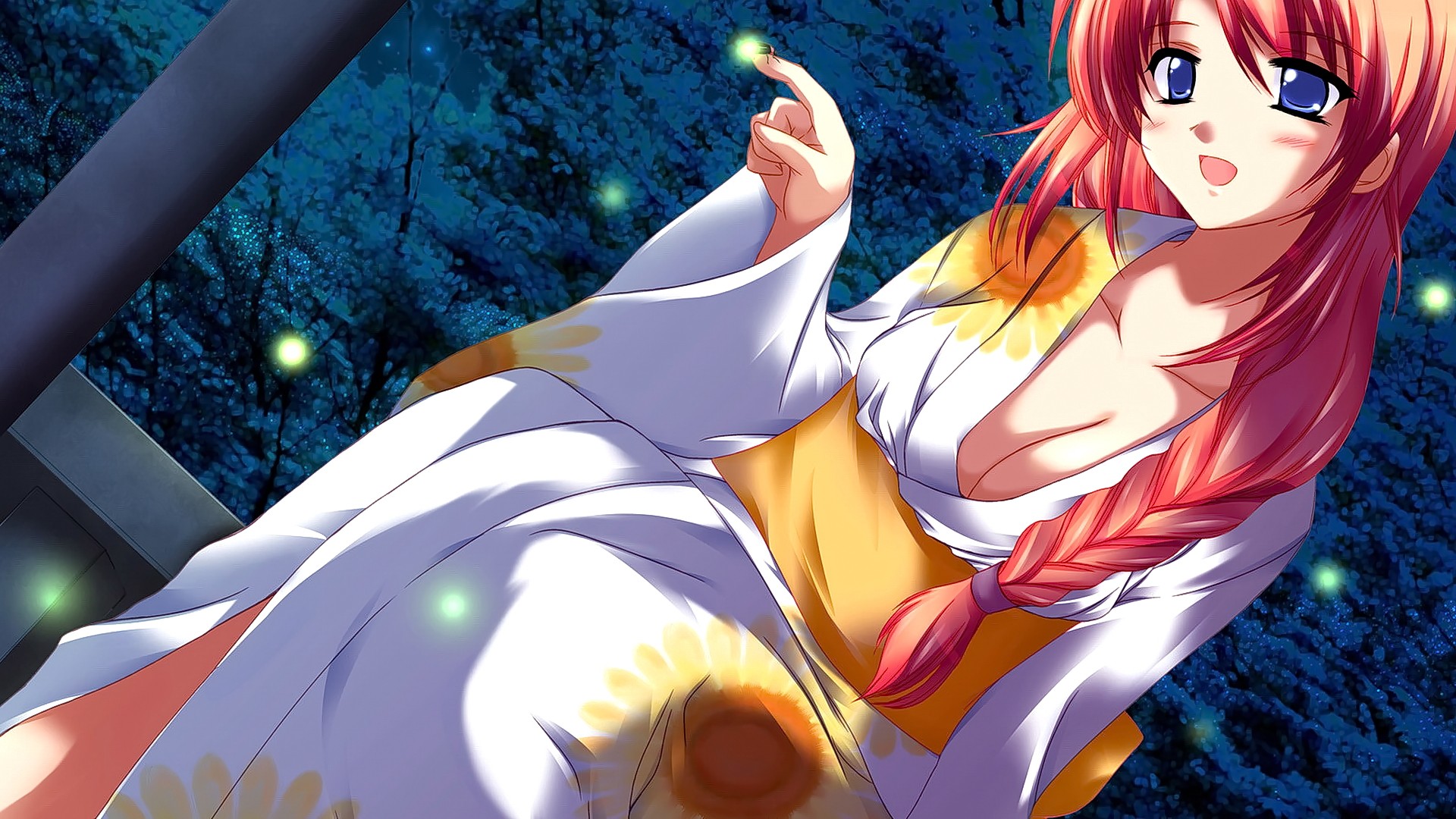 Anime 1920x1080 anime anime girls long hair Japanese clothes kimono no bra open mouth smiling looking at viewer cleavage sunflowers fireflies boobs big boobs