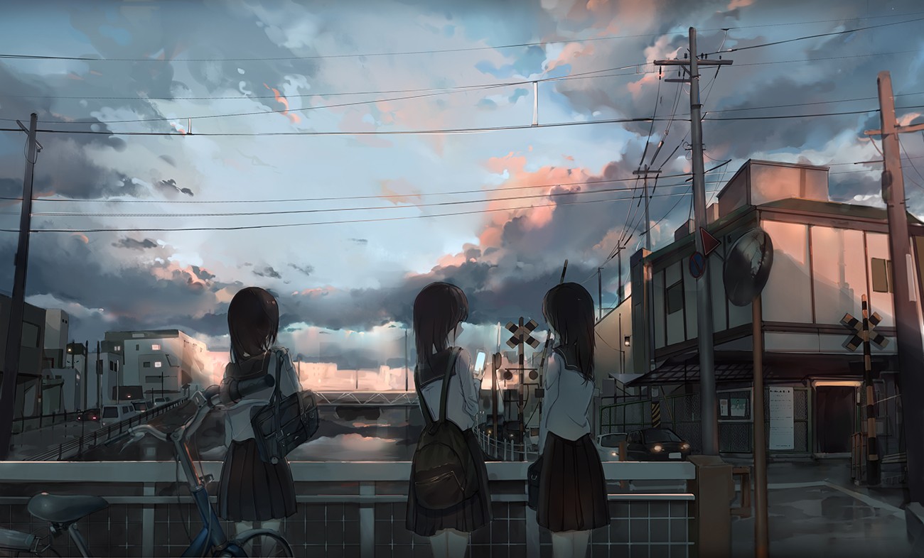 Anime 1300x786 anime girls urban sky women trio bicycle anime power lines school uniform women