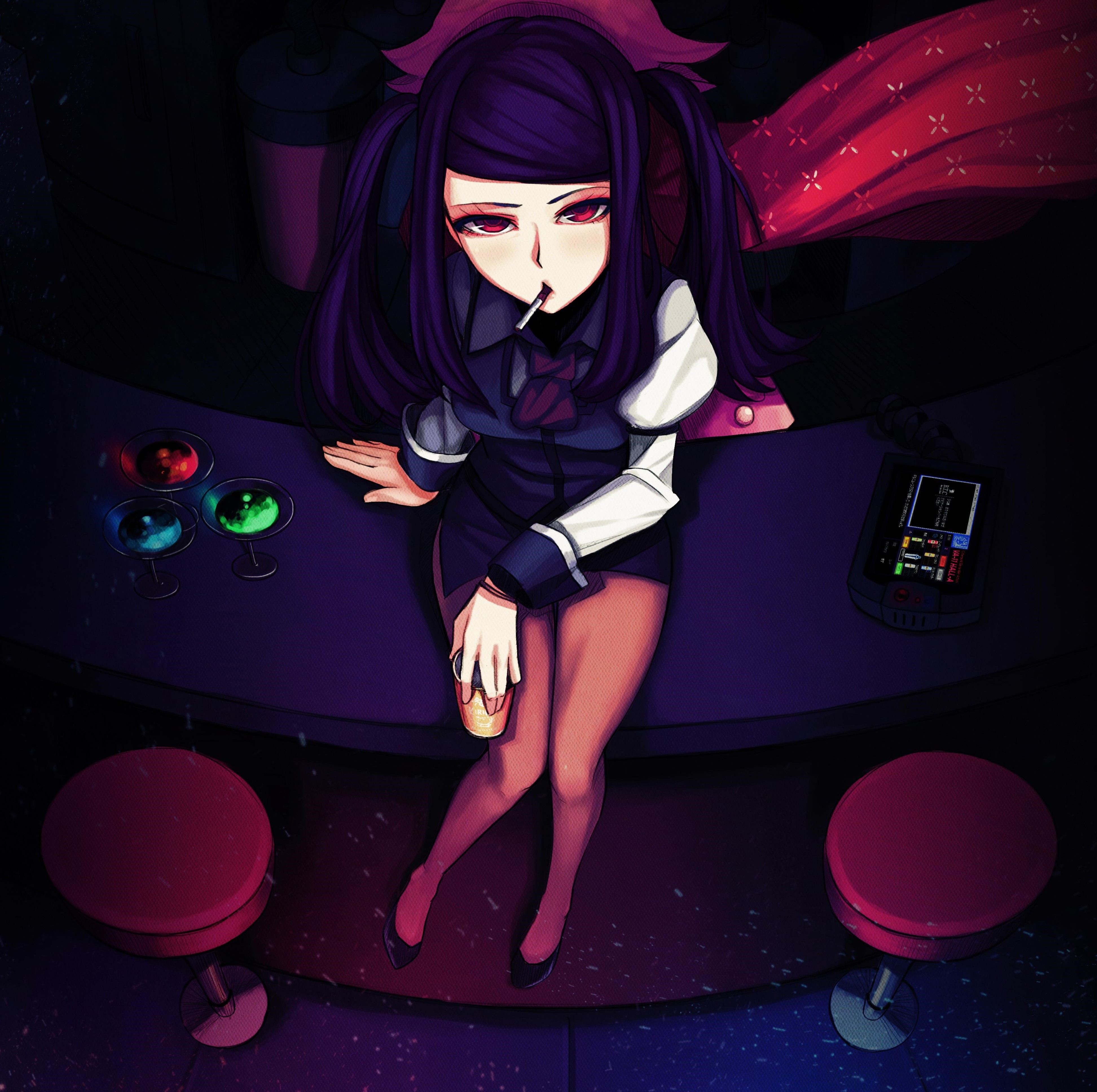 General 3889x3873 indie games Va-11 Hall-A Julianne Stingray purple hair twintails cigarettes cup knees together red eyes looking at viewer video games PC gaming women video game girls thighs legs sitting skirt