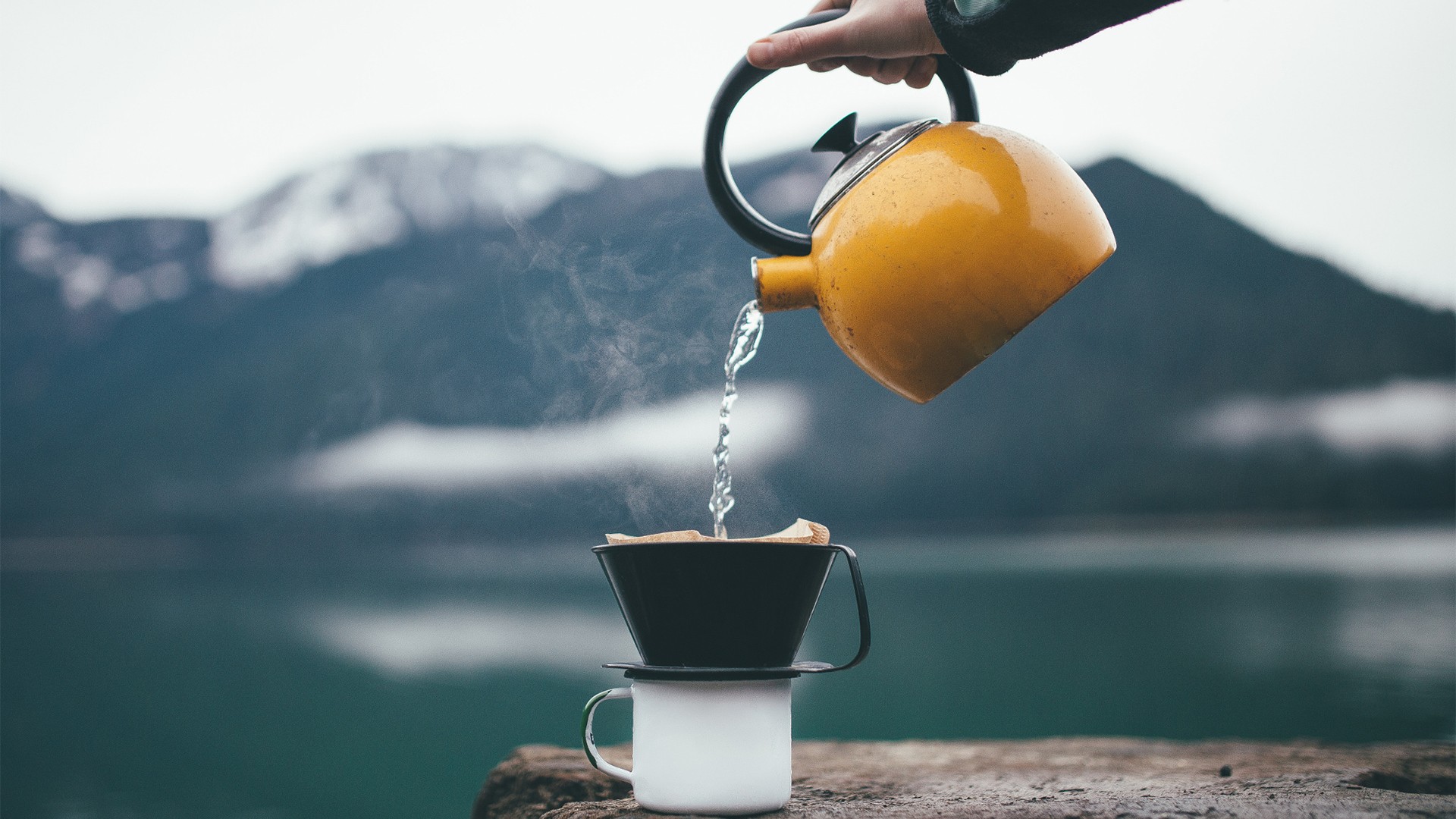 General 1920x1080 landscape kettle cup hands mountains snowy peak lake water depth of field smoke hot drink coffee teapot food