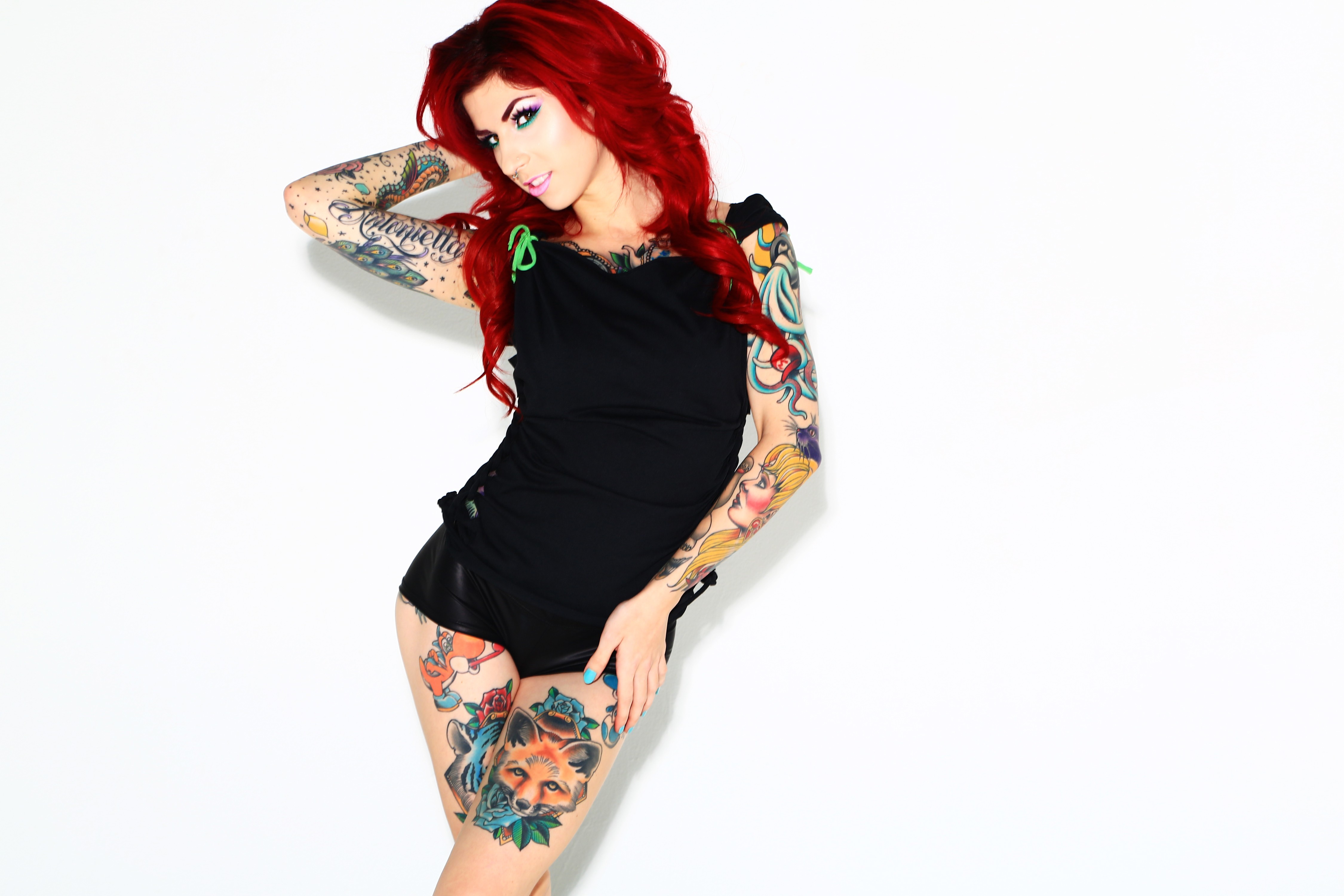 People 4500x3000 tattoo redhead women painted nails model white background long hair women indoors indoors standing inked girls cyan nails looking at viewer simple background studio
