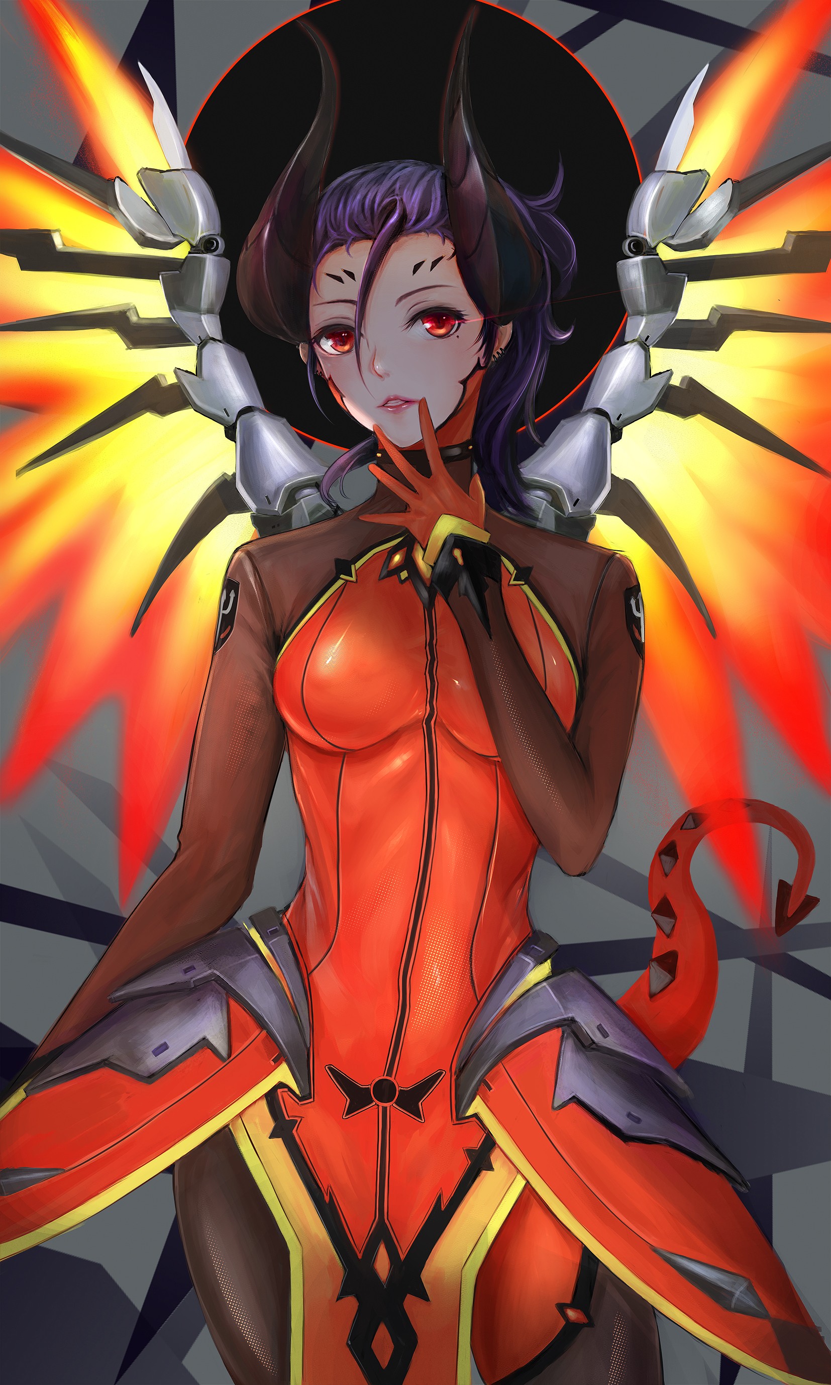 Anime 1654x2756 anime anime girls Overwatch Mercy (Overwatch) bodysuit horns tail wings short hair purple hair red eyes video game girls Pixiv fan art PC gaming video game characters