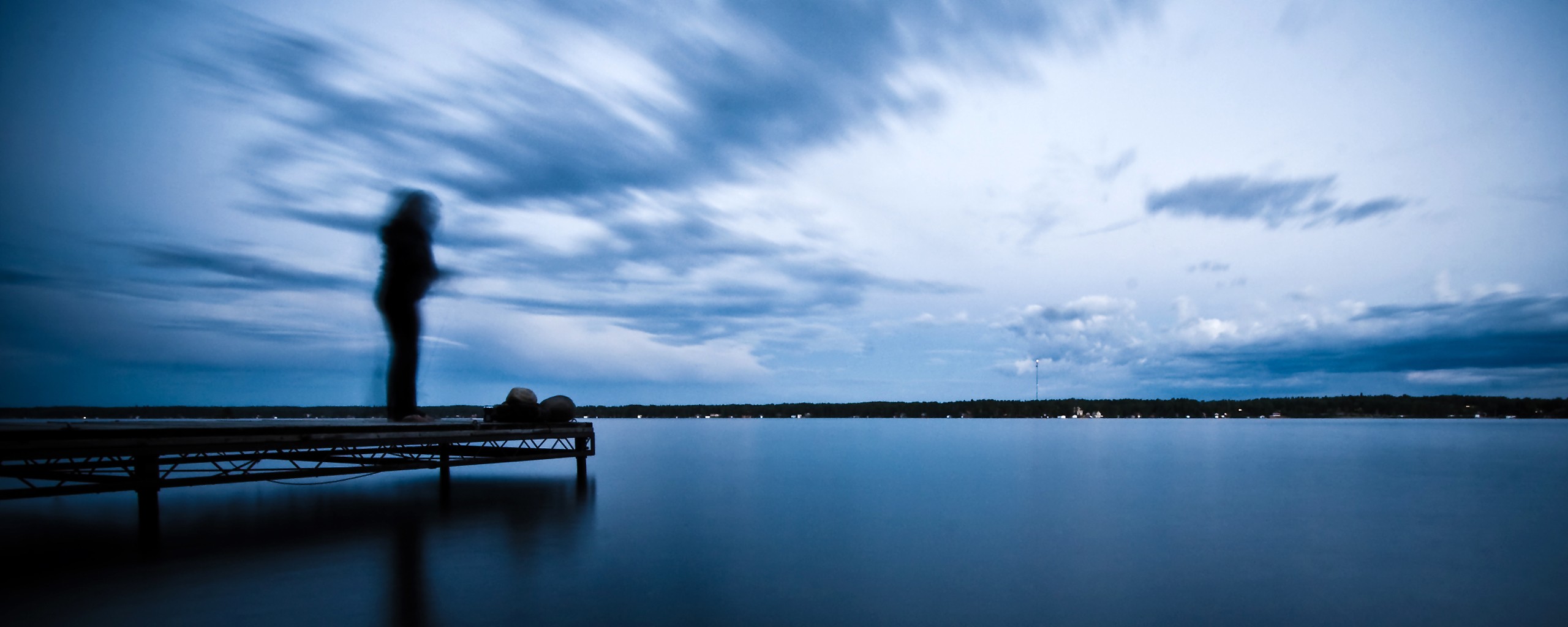 General 2560x1024 coast long exposure blue clouds pier silhouette lake