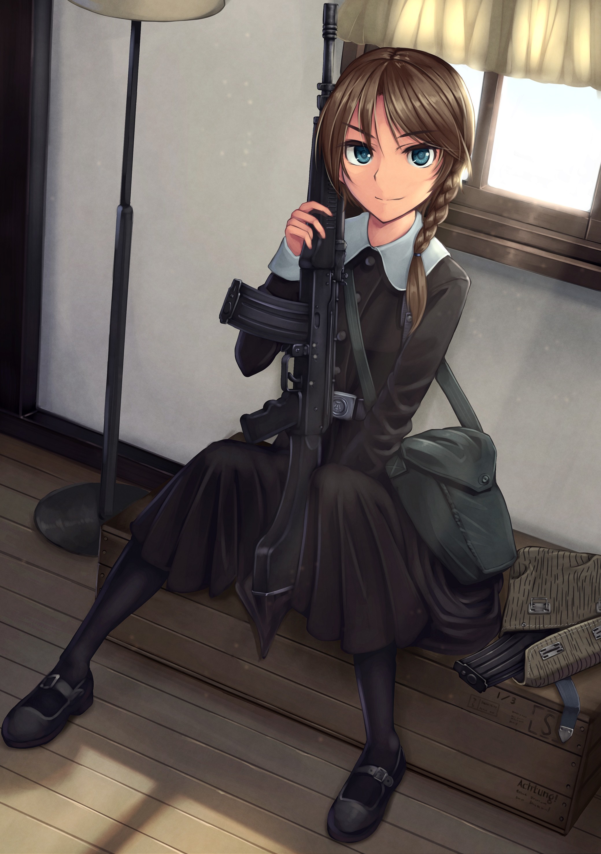 Anime 2079x2953 anime anime girls gun weapon long hair blue eyes machine gun looking at viewer Pixiv black clothing girls with guns sitting