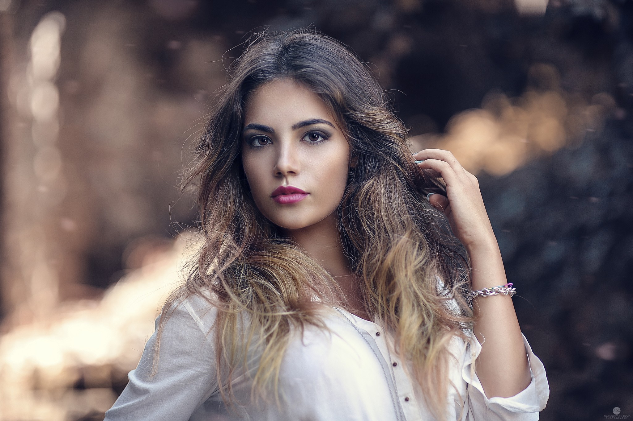 People 2048x1365 brunette women model portrait bokeh looking at viewer eyeliner white tops lipstick long hair bracelets Alessandro Di Cicco Sweet Ary women outdoors makeup watermarked face