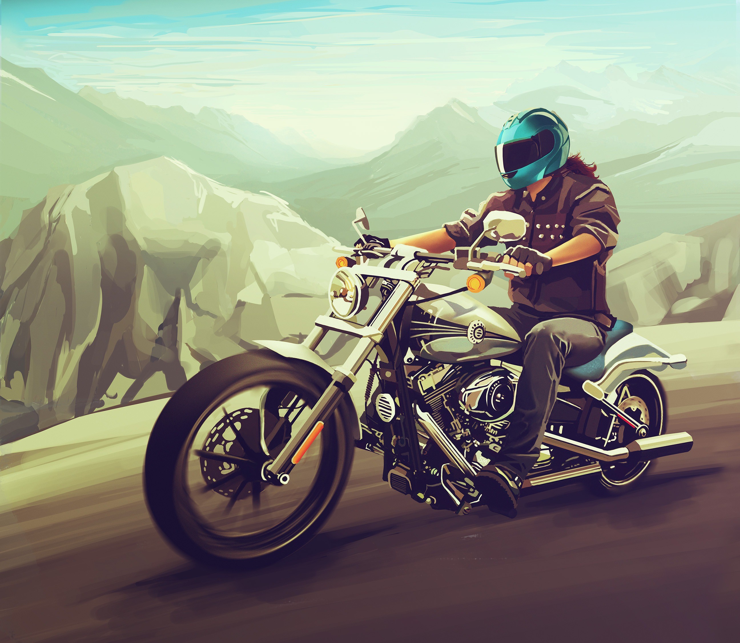 General 2592x2252 artwork motorcycle vehicle Harley-Davidson men landscape road mountains American motorcycles