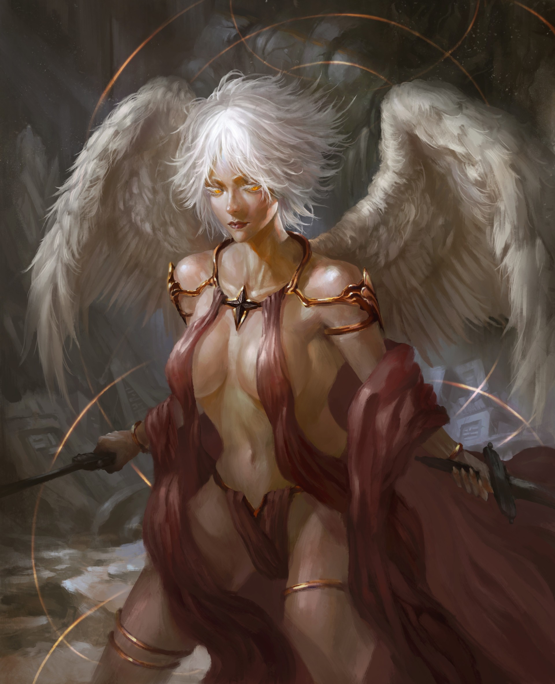 General 1920x2366 fantasy art angel boobs wings fantasy girl two swords glowing eyes