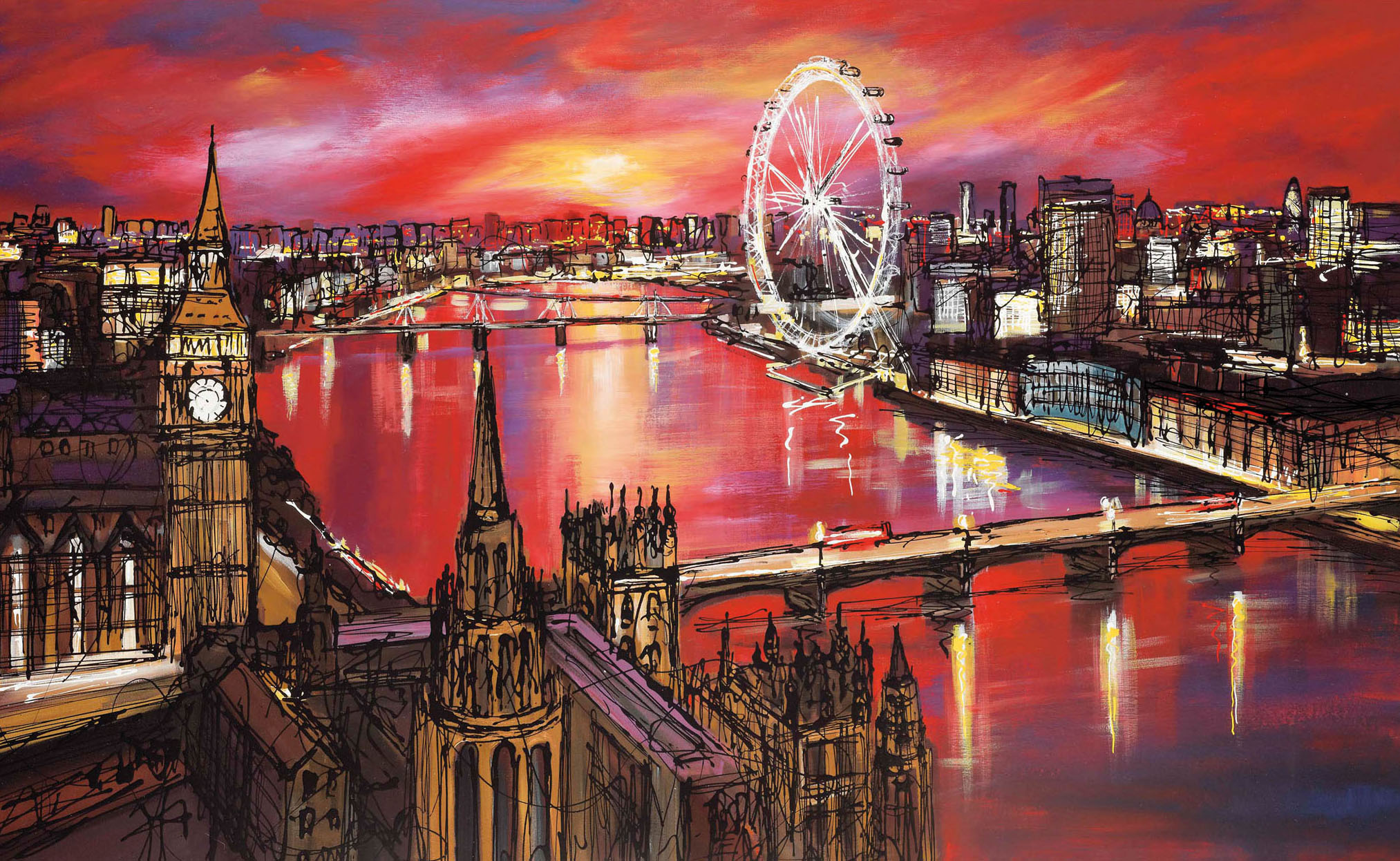 General 2026x1246 bridge cityscape artwork painting London Eye London England UK river River Thames Big Ben sunset old building