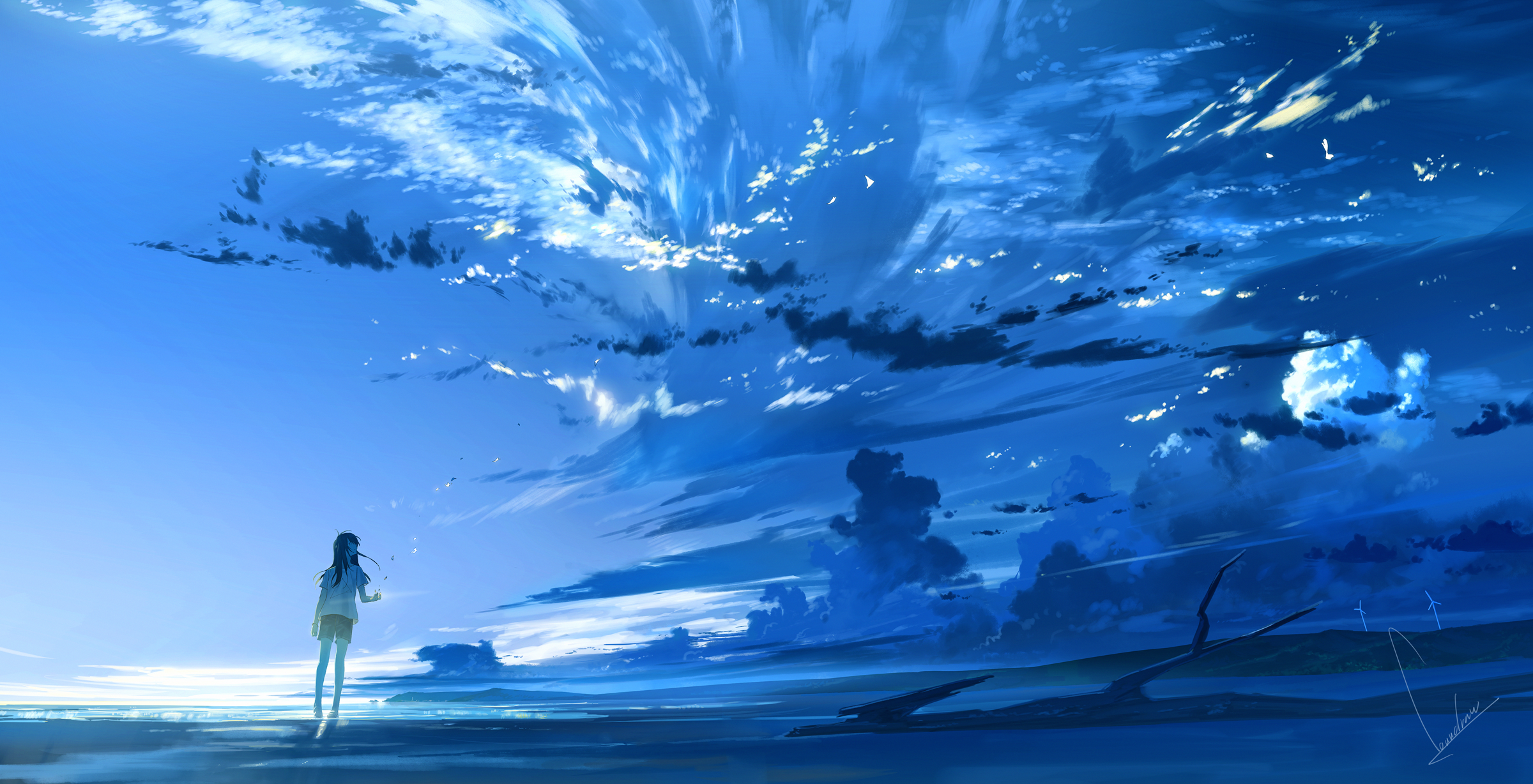 Anime 2400x1228 sky clouds anime girls digital art drawing blue