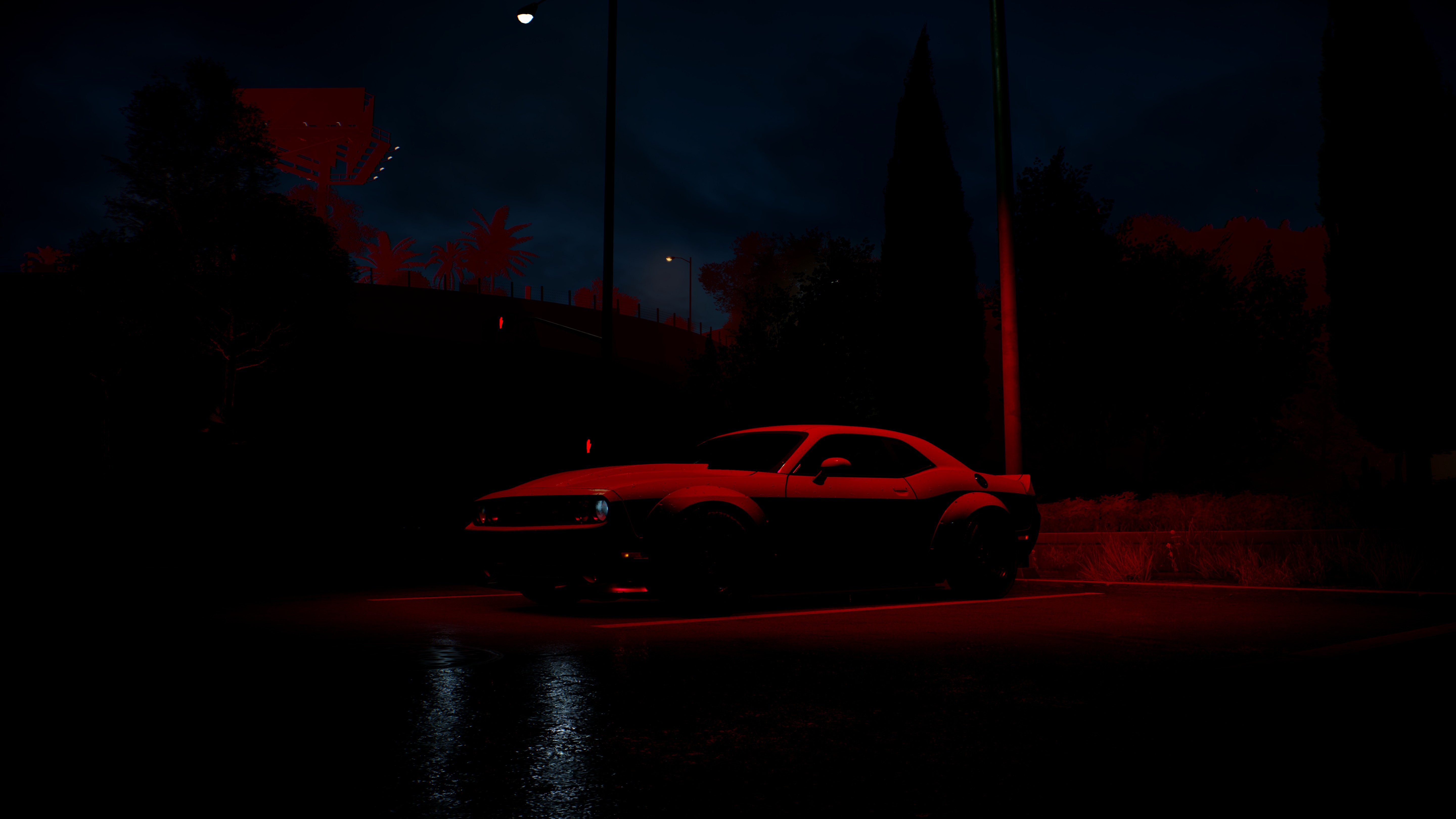 General 5760x3240 Need for Speed red Dodge Challenger night spotlights dark Dodge muscle cars American cars bodykit Stellantis video games Electronic Arts