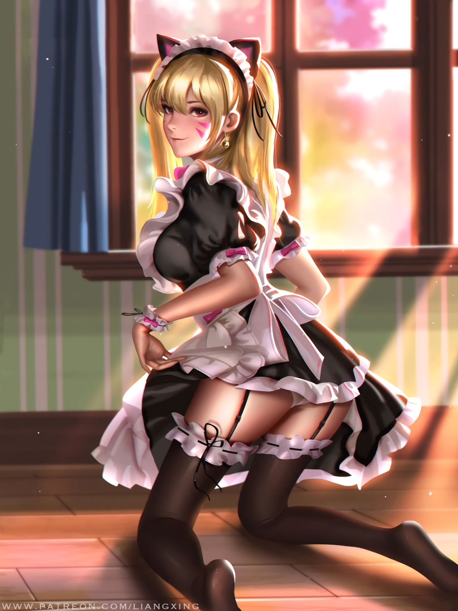 General 1500x2000 Overwatch D.Va (Overwatch) stockings maid panties blonde Jason Liang lingerie anime maid outfit French maid kneeling digital art