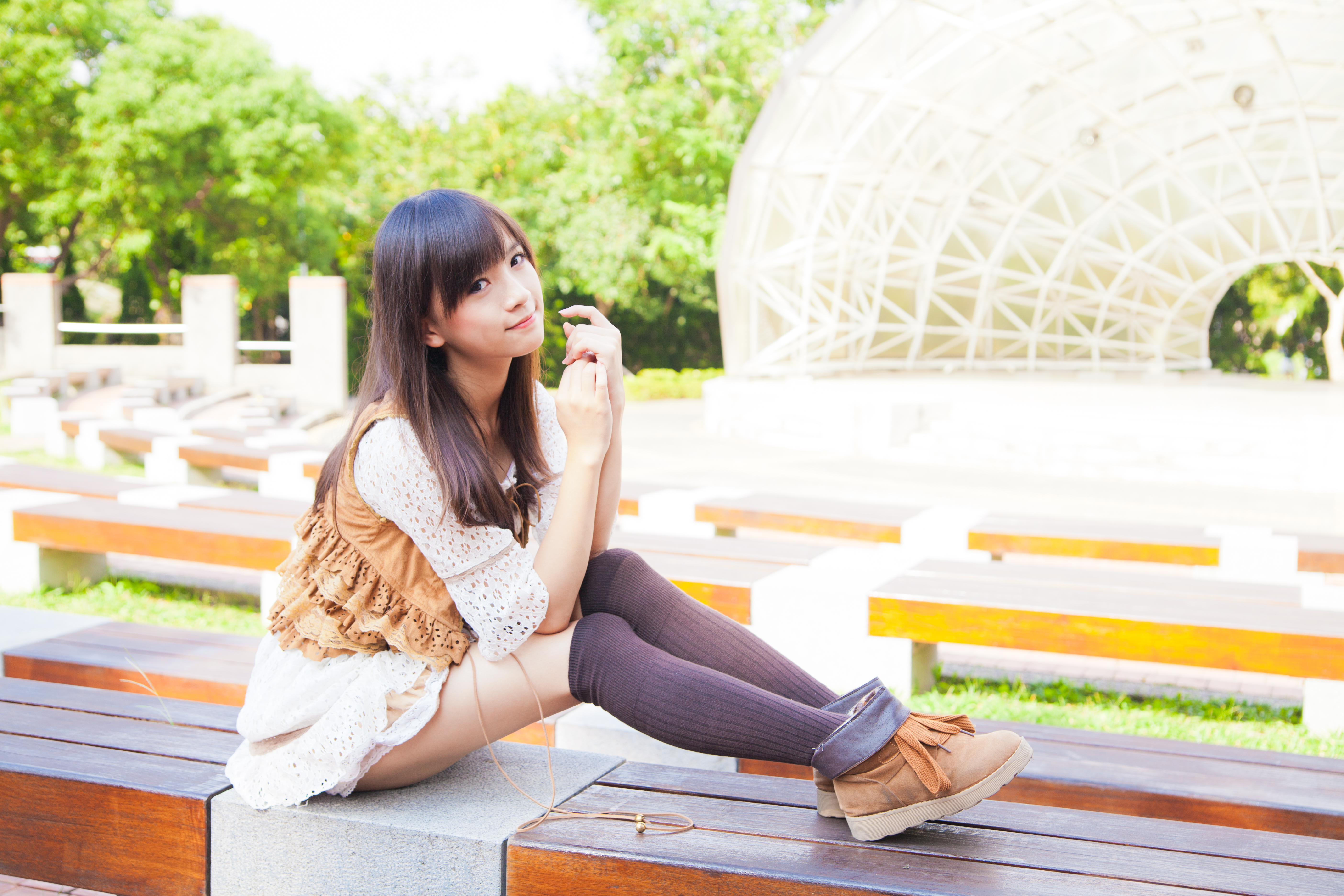 People 5616x3744 Taiwanese model women xiaojing brunette Asian long hair thigh-highs minidress