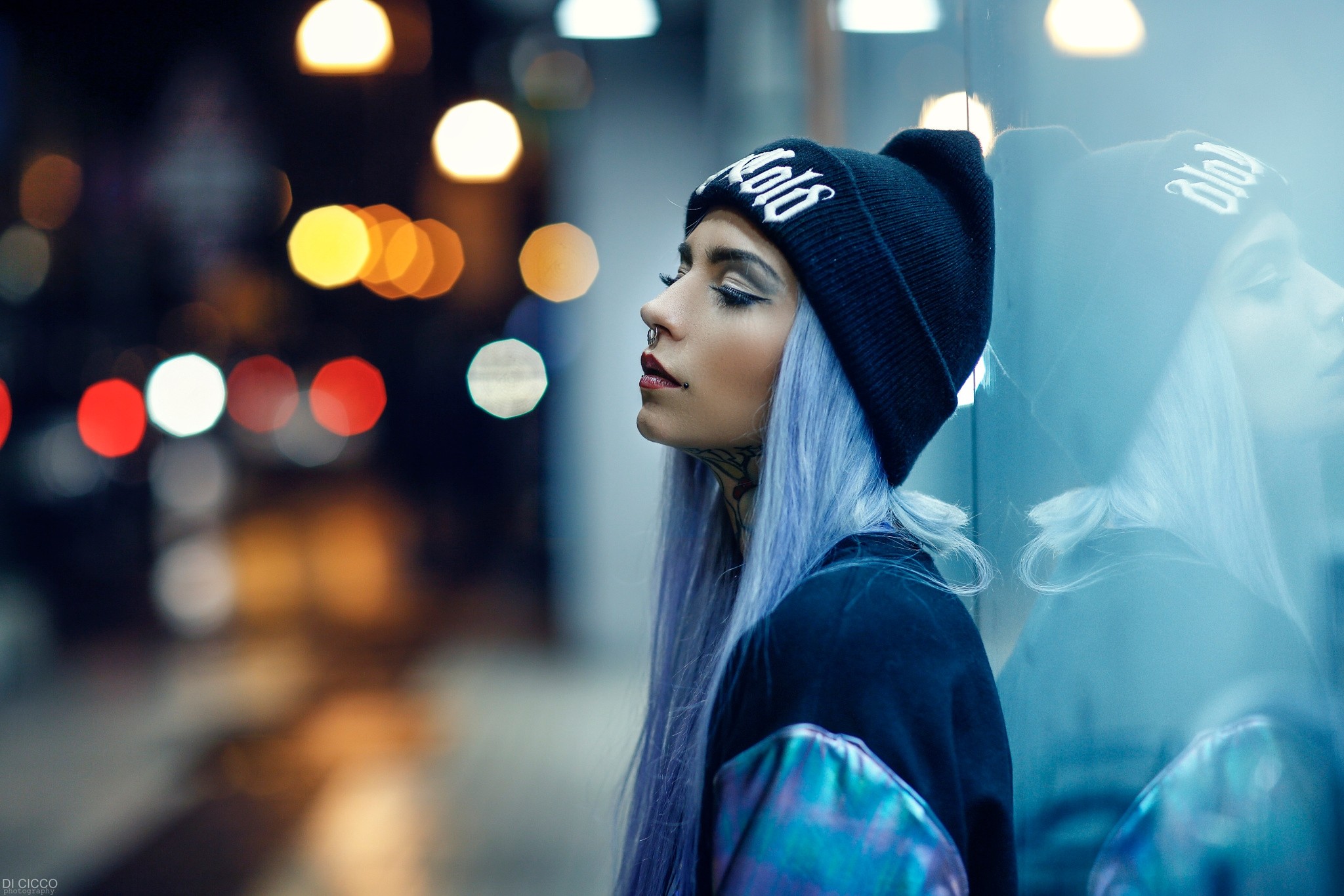 People 2048x1365 women portrait depth of field nose ring dyed hair tattoo sweater glass reflection Alessandro Di Cicco Fishball Suicide profile blue hair
