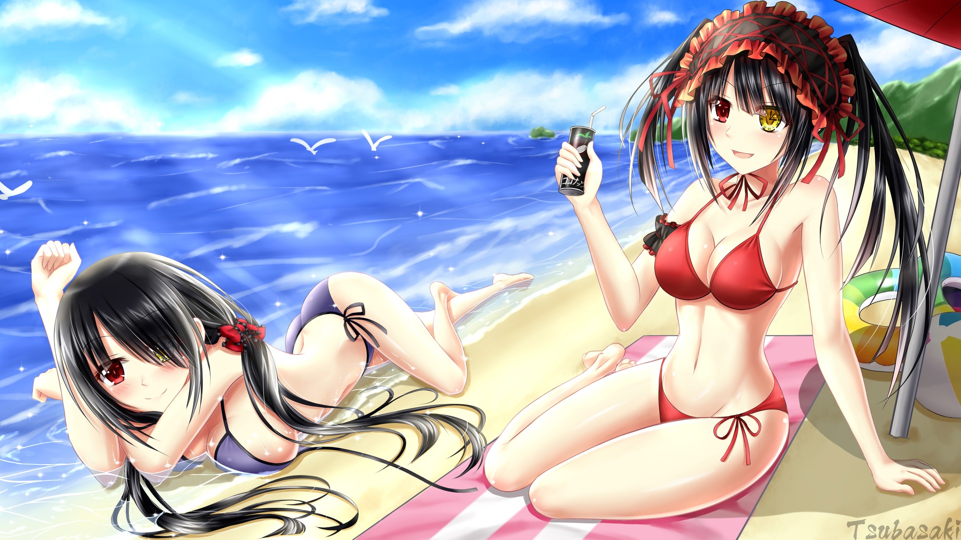 Anime 1920x1080 anime anime girls Date A Live Tokisaki Kurumi bikini beach sea long hair black hair