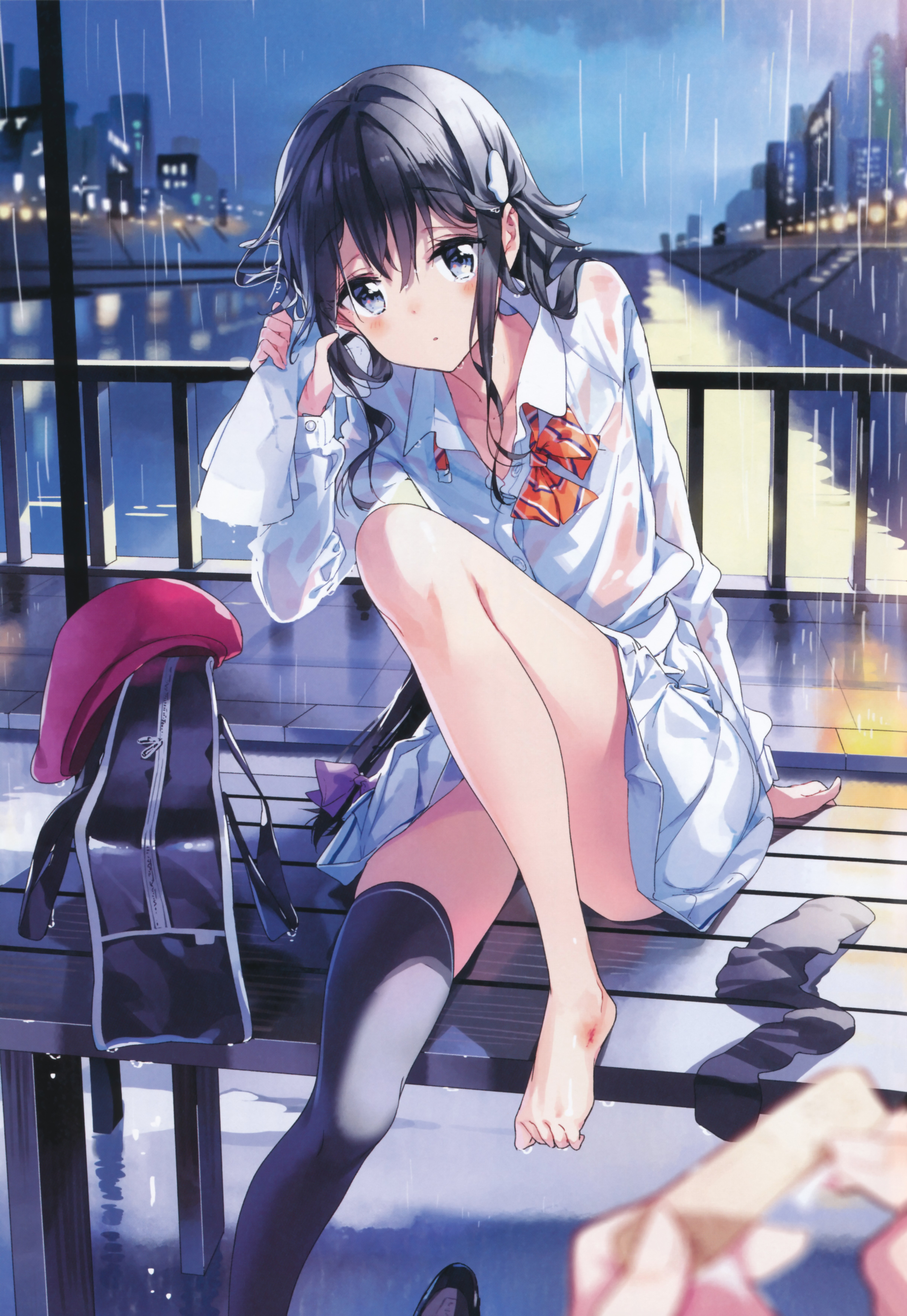 Anime 4880x7079 anime anime girls feet wet clothing rain long hair stockings see-through clothing Tiv missing sock