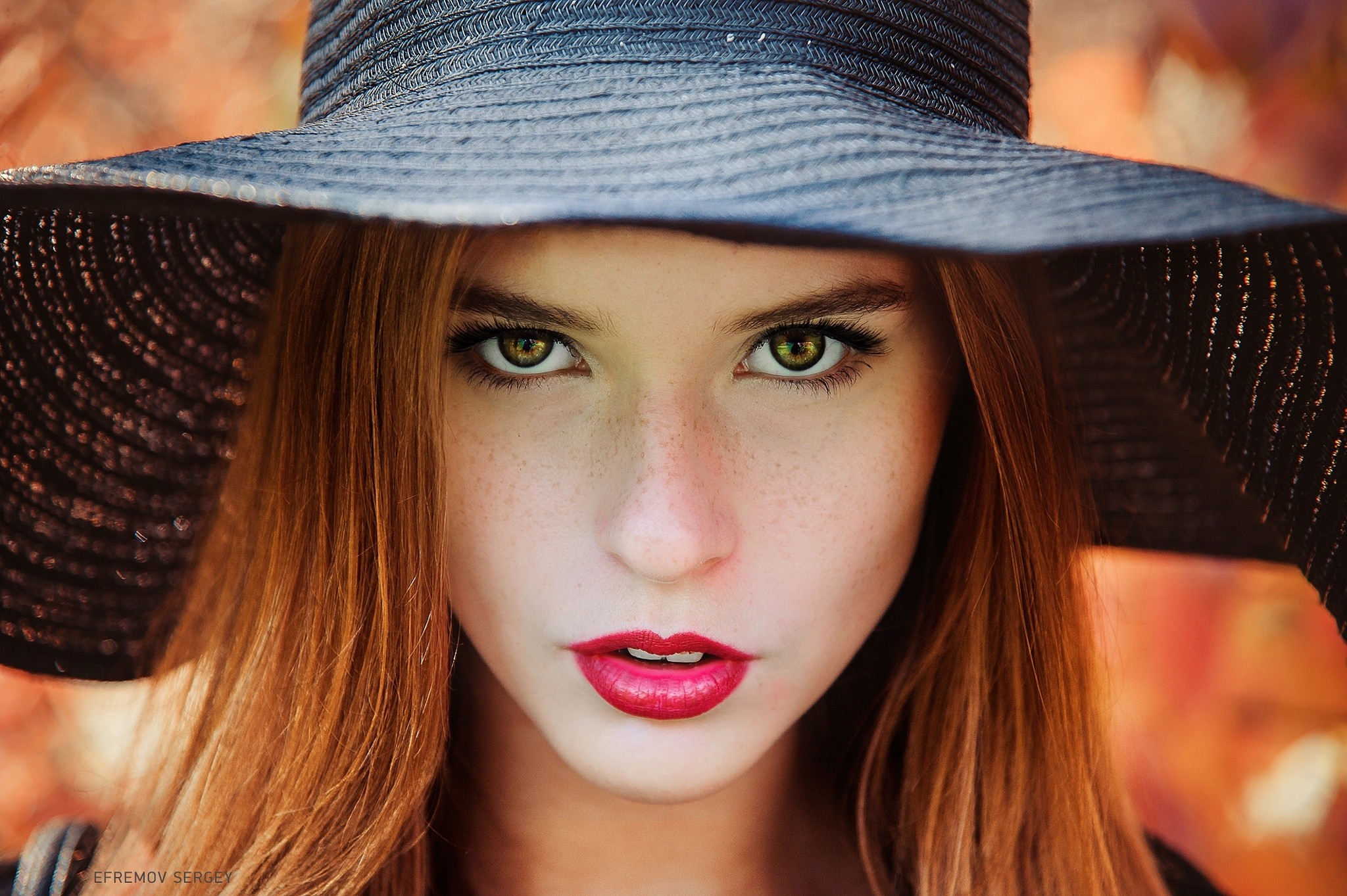 People 2048x1363 women hat face portrait freckles red lipstick depth of field Sergey Efremov millinery hazel eyes looking at viewer redhead long hair straight hair black hat Alexandra Aleksandra makeup closeup open mouth women with hats watermarked