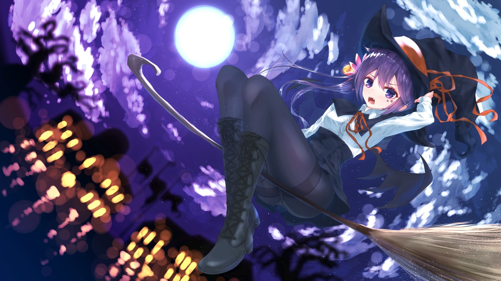 Anime 1920x1080 Halloween witch hat witch blushing boots bow building fangs long hair Moon ponytail ribbon stars underwear wings Kantai Collection Akebono (KanColle)