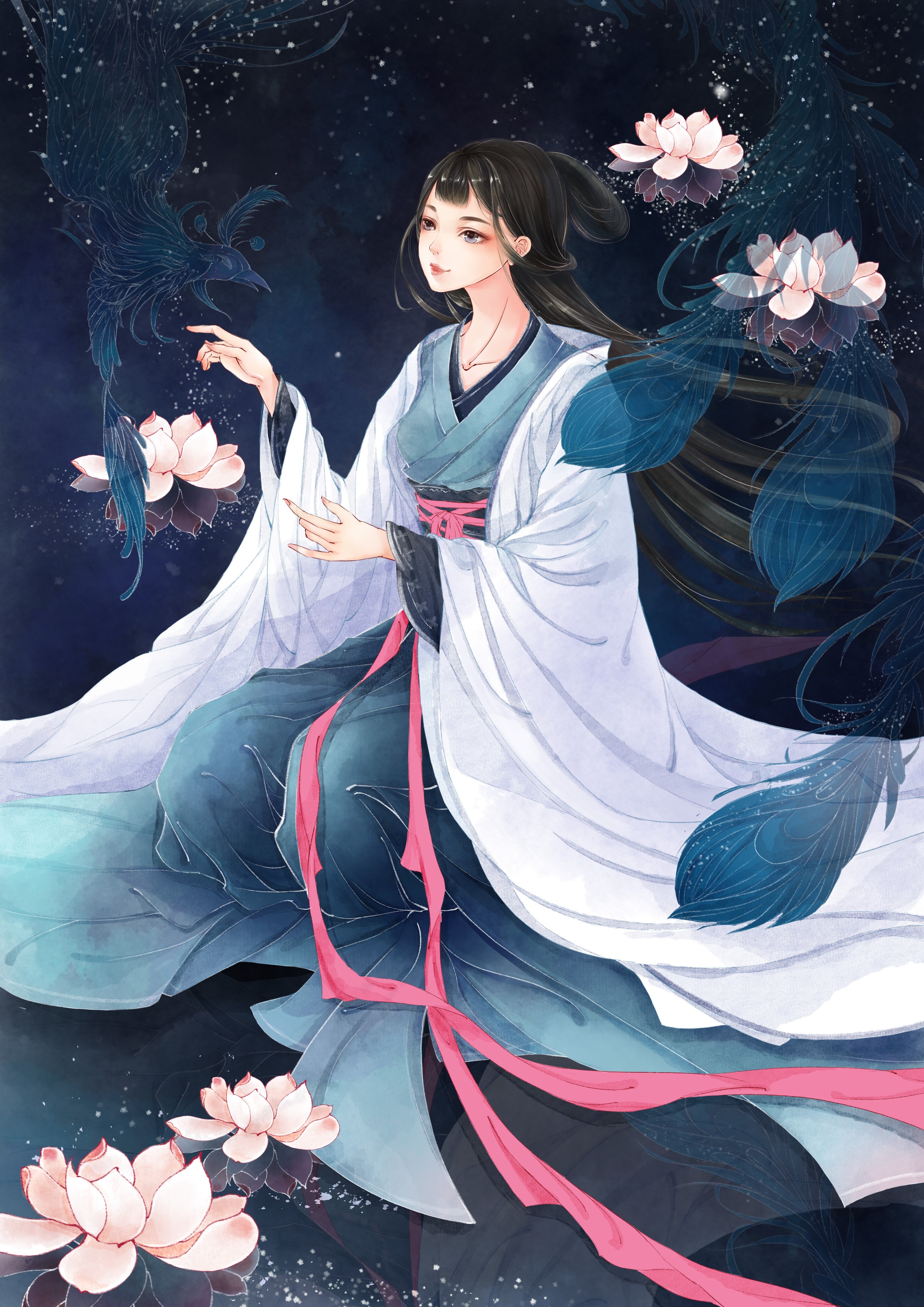 Anime 2480x3508 chinese dress kimono water lilies Asian black hair long hair hanfu