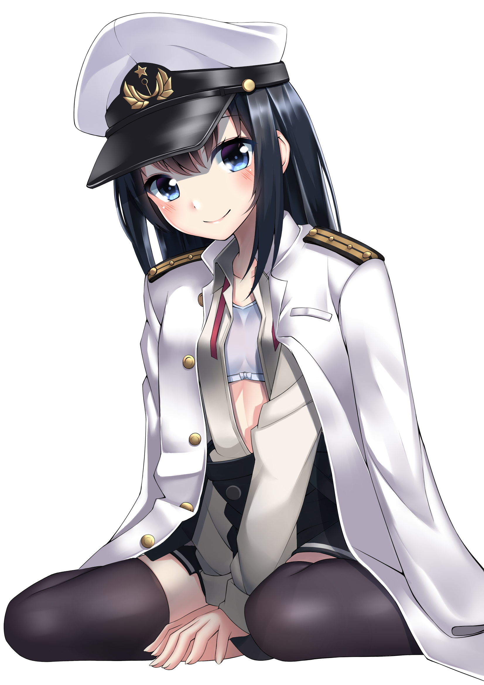 Anime 1653x2338 anime anime girls Kantai Collection Admiral (KanColle) long hair black hair blue eyes uniform stockings bra